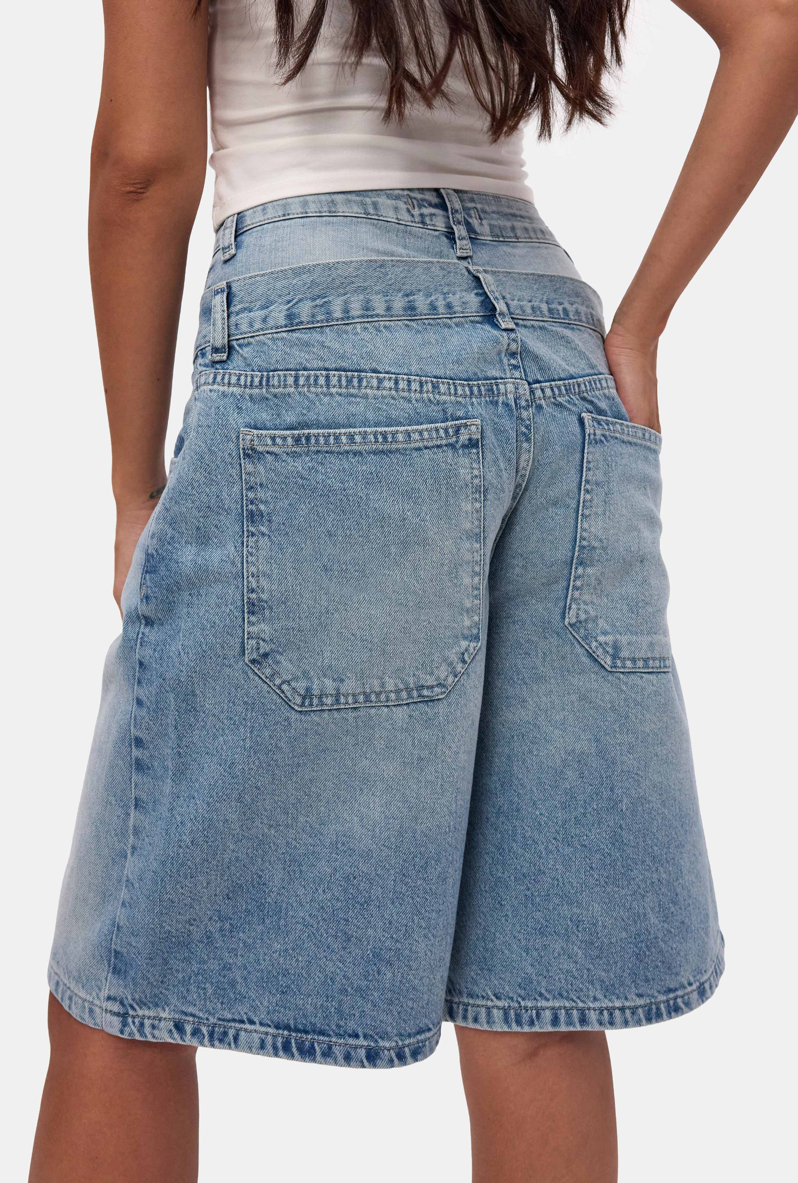 It's Basic Kadın Jean Rengi 4s6-32 Baggy Fit Yüksek Bel Tasarım Denim Bermuda Şort görsel 2
