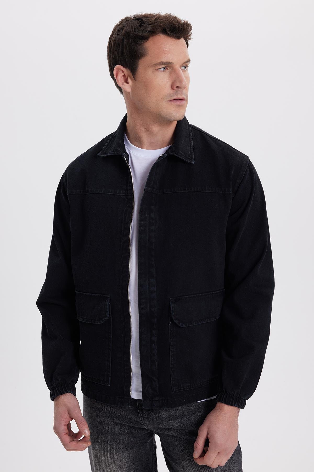 TUDORS Erkek Relax Fit Rahat Kesim Çift Cep Denim Siyah Jean Mont Ceket