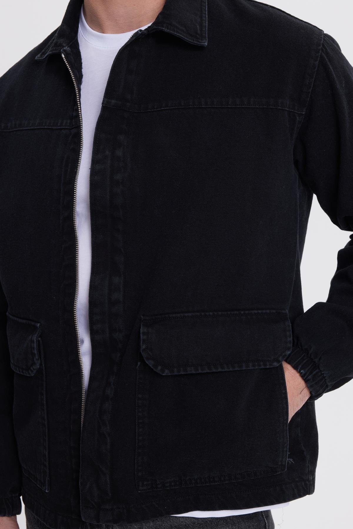 TUDORS Erkek Relax Fit Rahat Kesim Çift Cep Denim Siyah Jean Mont Ceket görsel 3