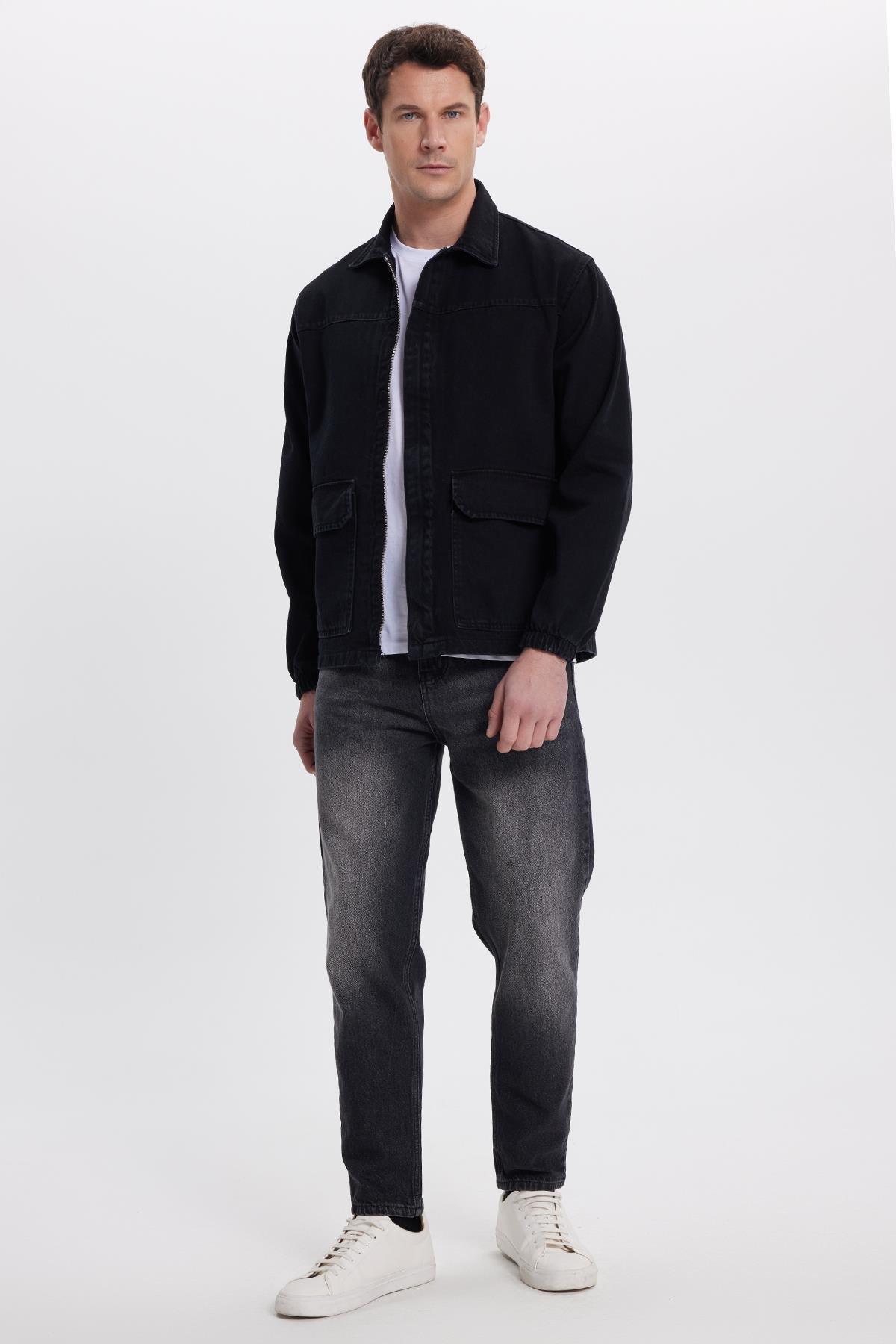 TUDORS Erkek Relax Fit Rahat Kesim Çift Cep Denim Siyah Jean Mont Ceket görsel 4