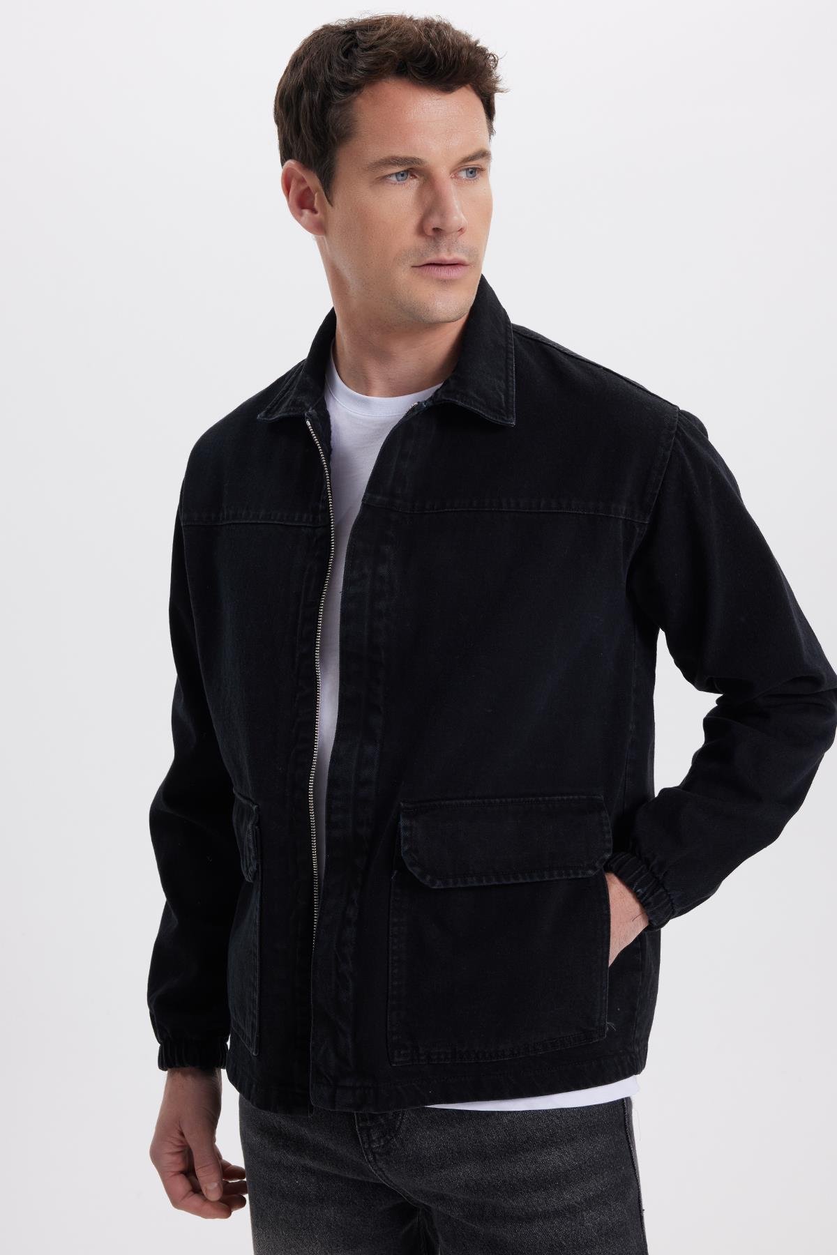 TUDORS Erkek Relax Fit Rahat Kesim Çift Cep Denim Siyah Jean Mont Ceket görsel 5