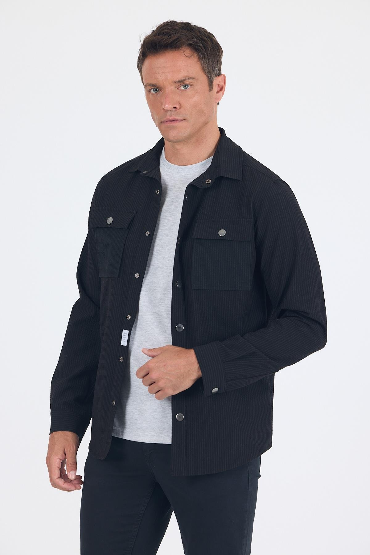 İMZA Çizgili Desen Gofreli Ayaklı Gömlek Yaka Astarsız Esnek Comfort Fit Mont 1007250117