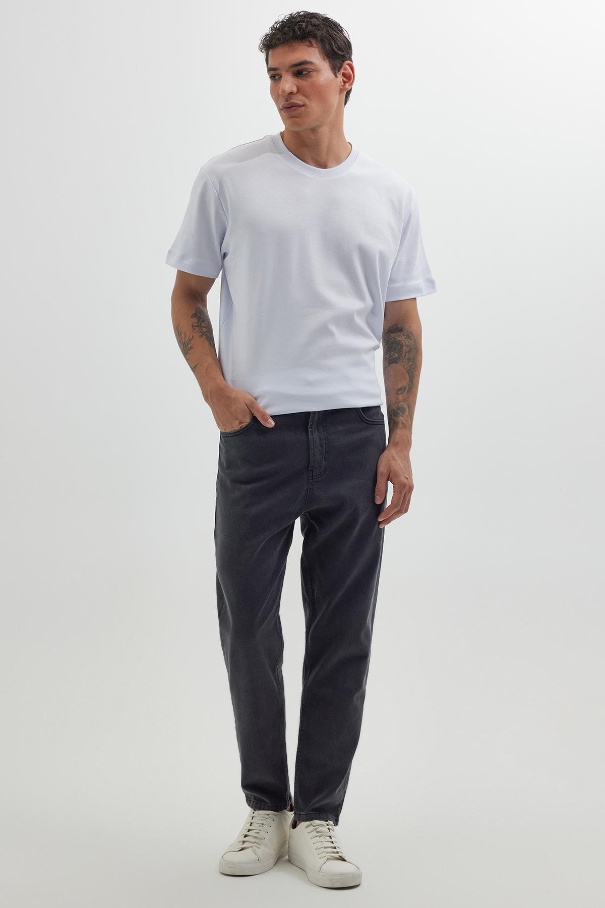 TUDORS Erkek Regular Fit Bol Kesim Denim Yıkamalı Efektli Esnek Gri Jean Pantolon