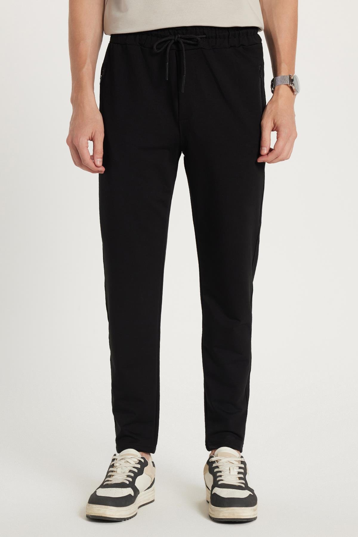 TUDORS Unisex Standart Fit Pamuklu 2 İplik Fermuar Cepli Lastikli Bağlamalı Düz Paça Siyah Eşofman Altı