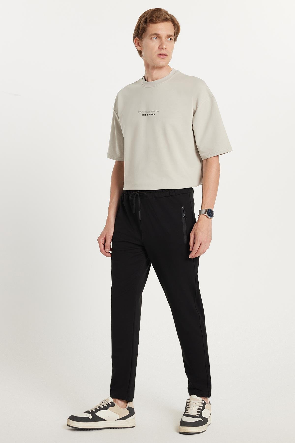 TUDORS Unisex Standart Fit Pamuklu 2 İplik Fermuar Cepli Lastikli Bağlamalı Düz Paça Siyah Eşofman Altı görsel 2