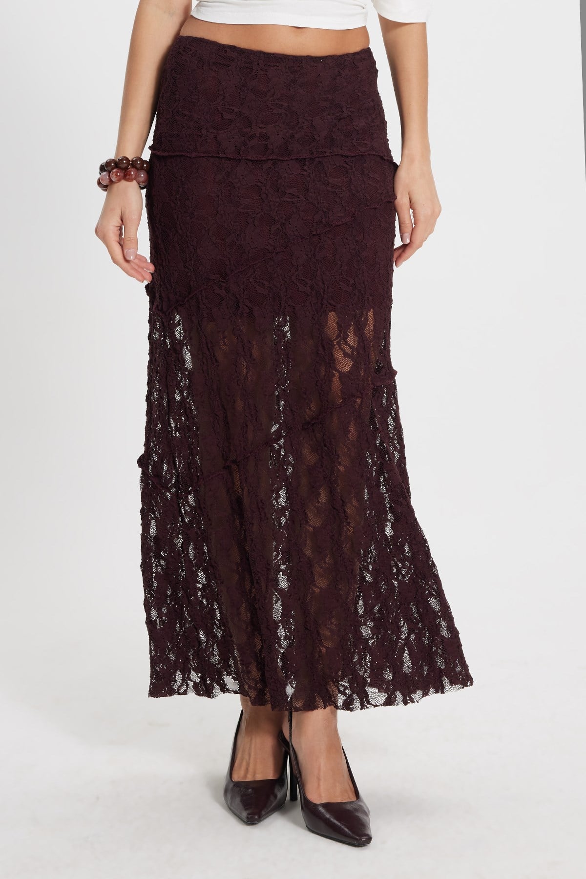 TUDORS Kadın Slim Fit Dar Kesim Lastikli Yüksek Bel Dantelli Bordo Etek görsel 2