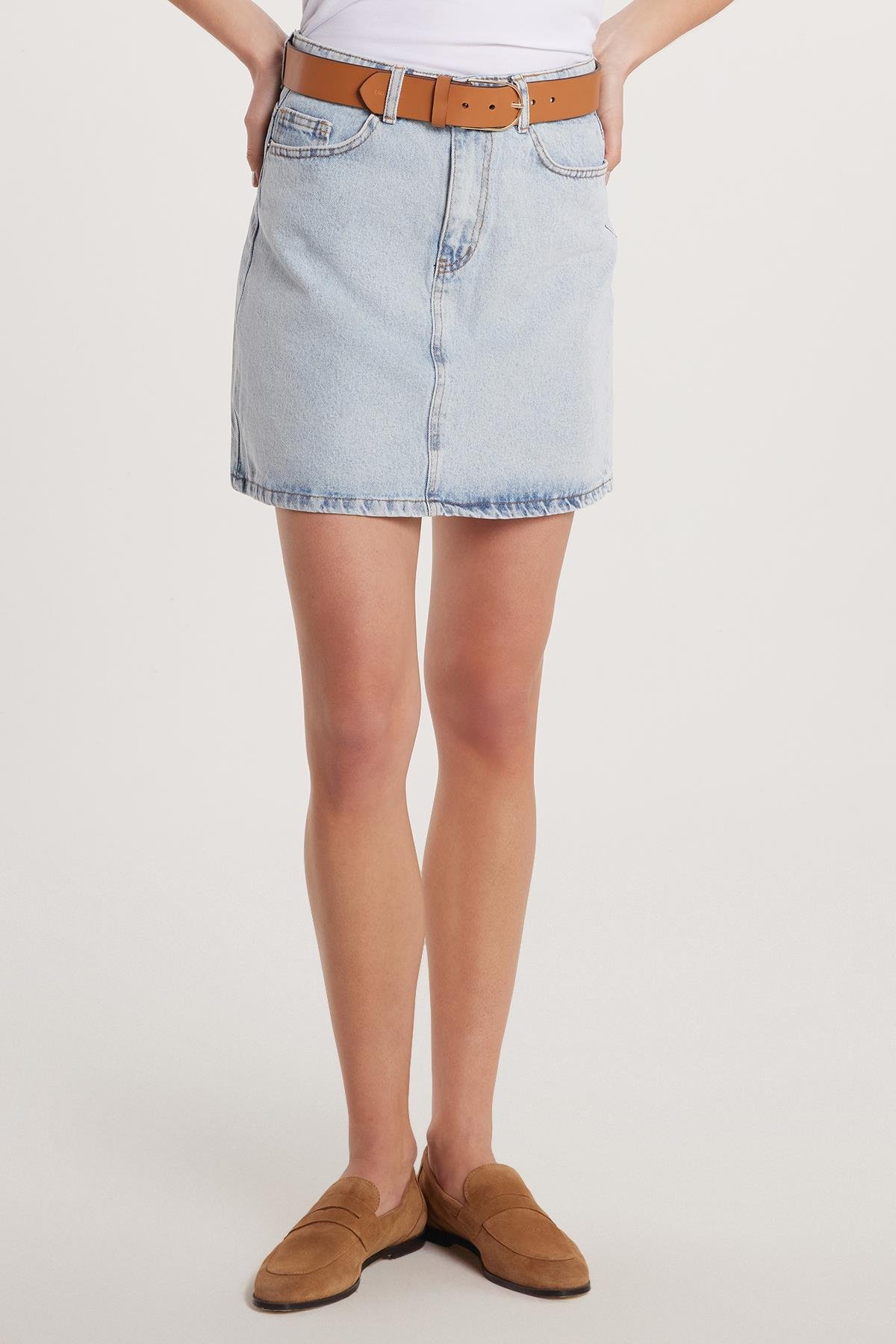 TUDORS Kadın Slim Fit Dar Kesim Cepli Mini Denim Etek