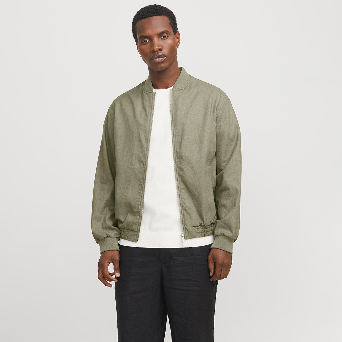 Jack & Jones Blaleister Linen Blend Bomber Erkek Haki Klasik Yaka Ceket