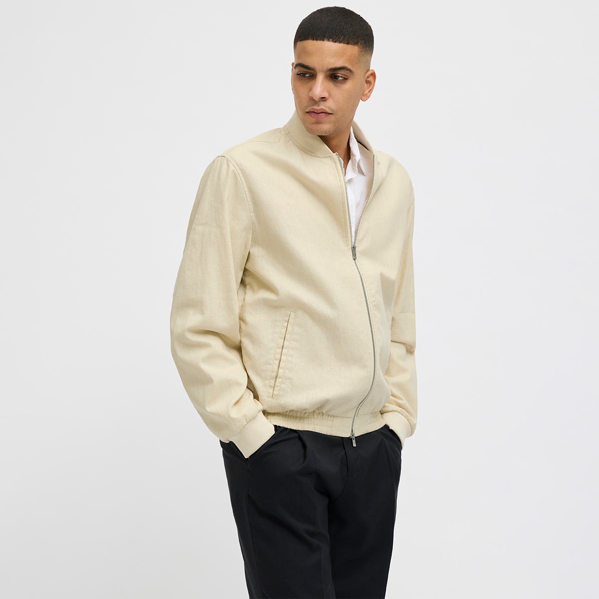 Jack & Jones Blaleister Linen Blend Bomber Erkek Bej Klasik Yaka Ceket