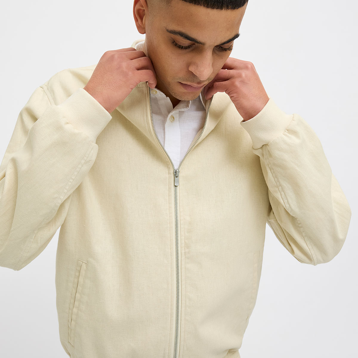 Jack & Jones Blaleister Linen Blend Bomber Erkek Bej Klasik Yaka Ceket görsel 4