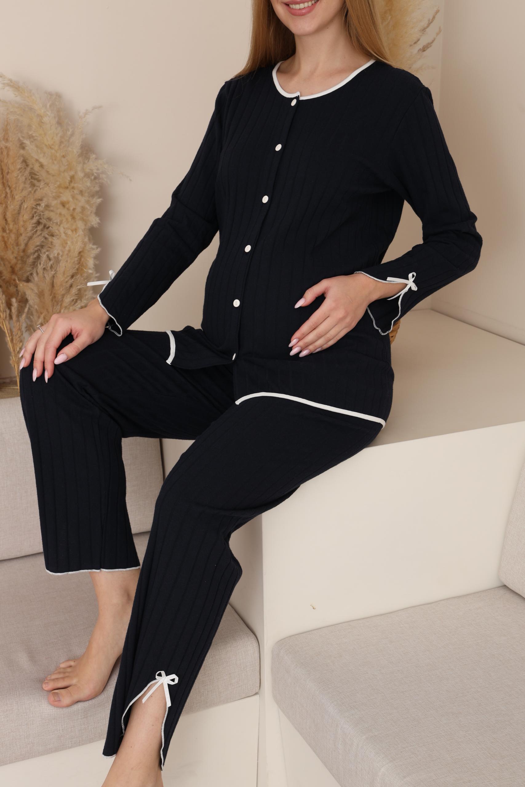 MİSS DÜNYA LİSSA Lacivert Soft Elegance Yumoş Düğmeli Ayarlanabilir Bel Lohusa Pijama Takımı