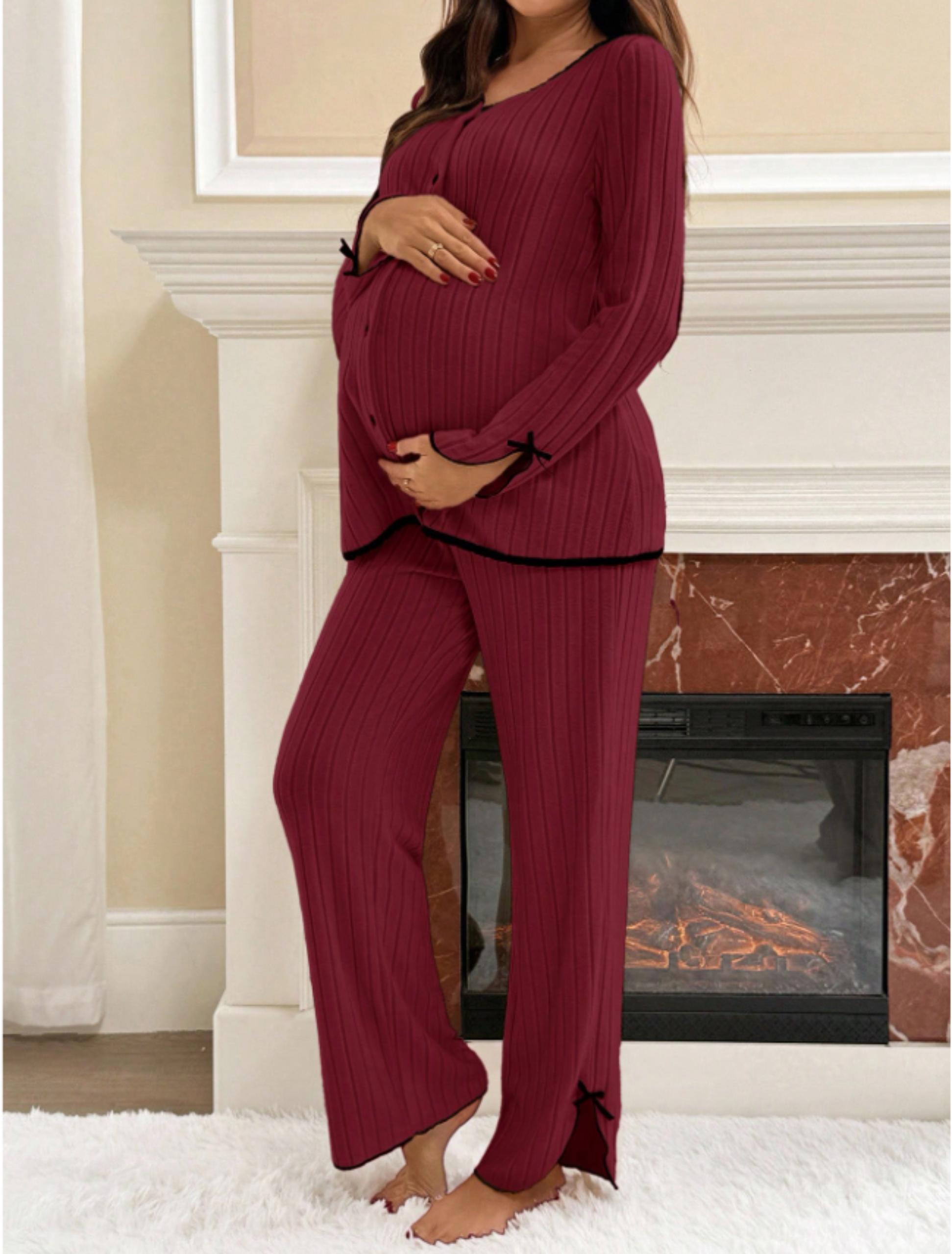 MİSS DÜNYA LİSSA Bordo Soft Elegance Yumoş Düğmeli Ayarlanabilir Bel Lohusa Pijama Takımı