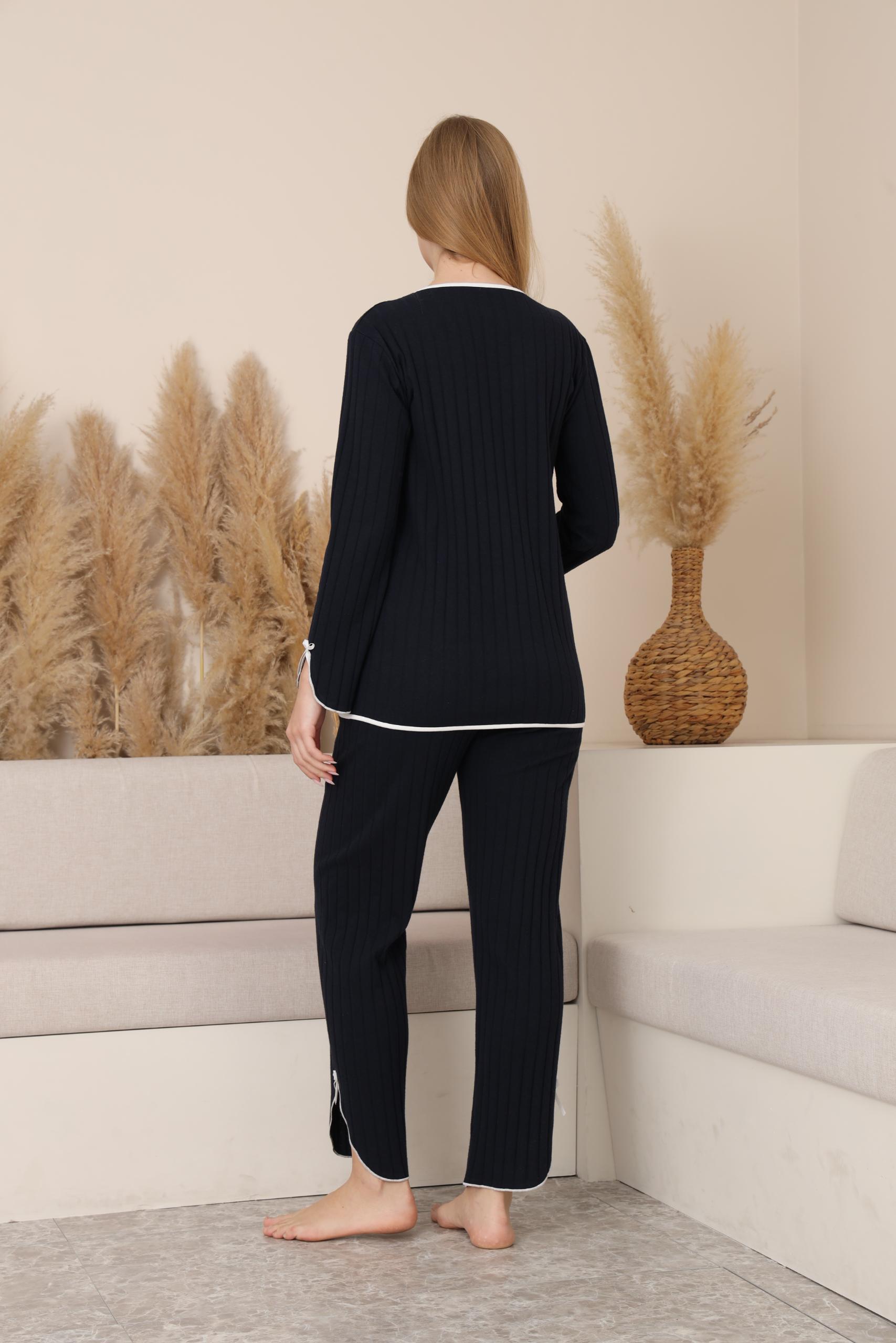 MİSS DÜNYA LİSSA Lacivert Soft Elegance Yumoş Düğmeli Ayarlanabilir Bel Lohusa Pijama Takımı görsel 5