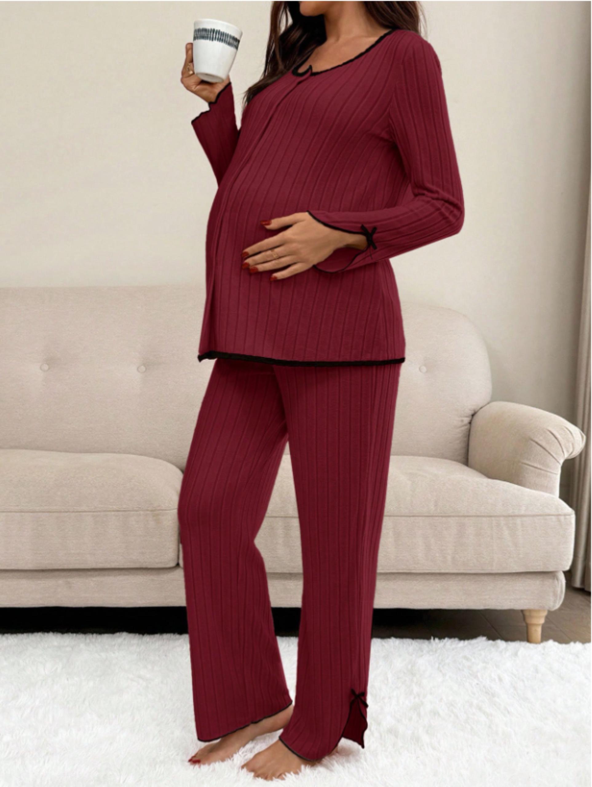 MİSS DÜNYA LİSSA Bordo Soft Elegance Yumoş Düğmeli Ayarlanabilir Bel Lohusa Pijama Takımı görsel 2
