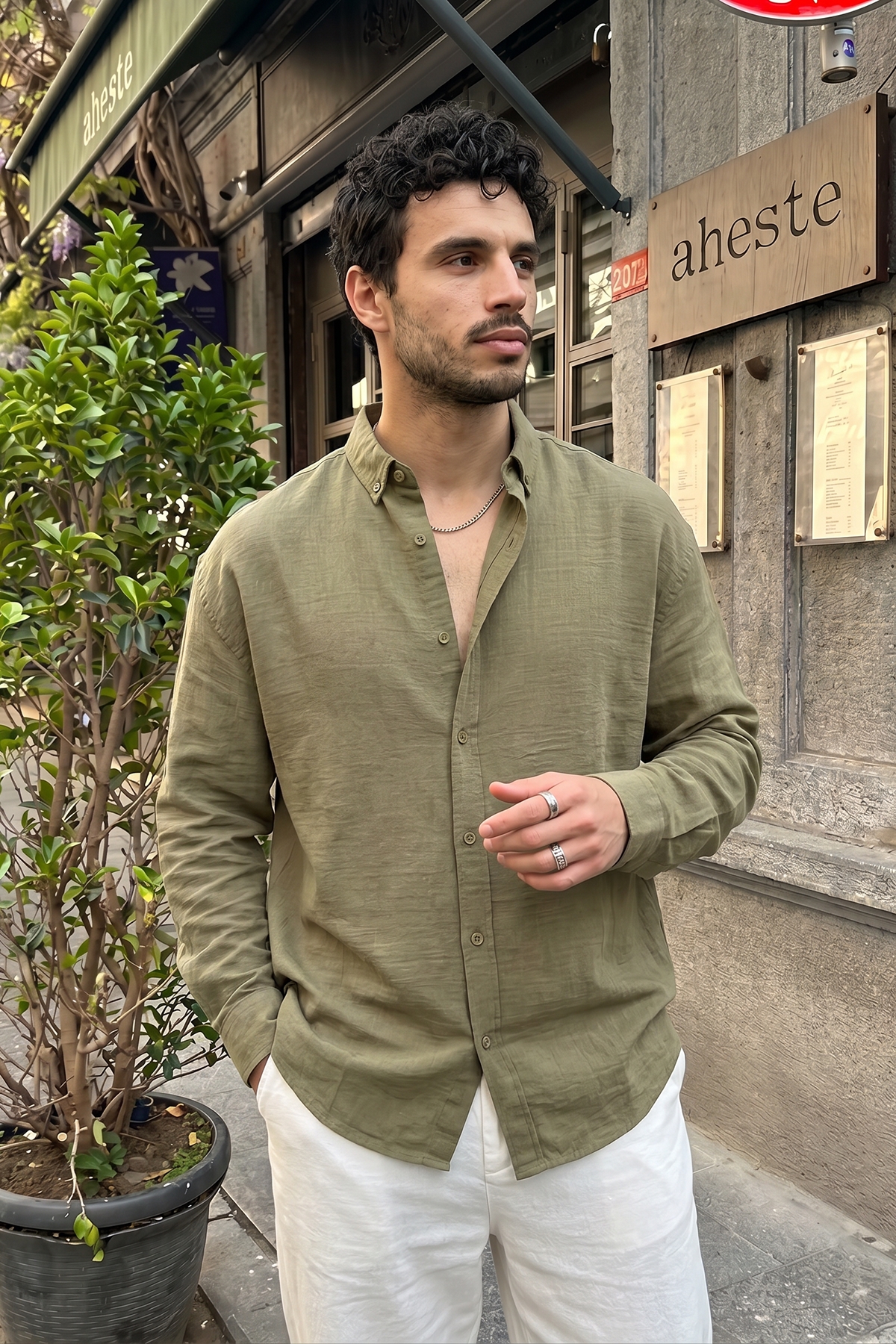 Livio Ferri Napas Erkek Oversize Keten Görünümlü Gömlek görsel 2