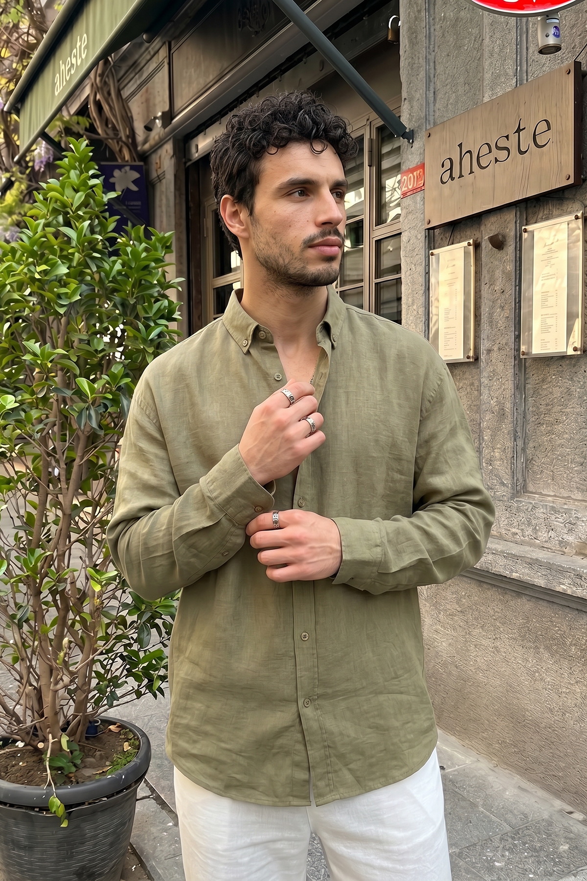Livio Ferri Napas Erkek Oversize Keten Görünümlü Gömlek görsel 6