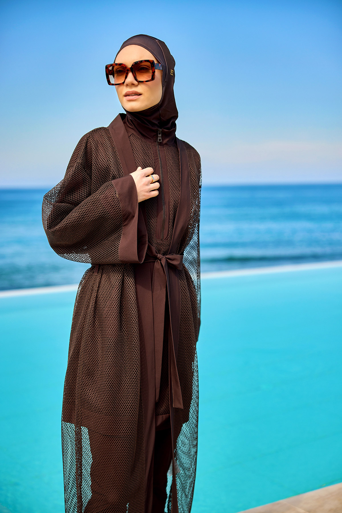 Marina Kahverengi Tül Detaylı Pareo Kaftan P2501-4