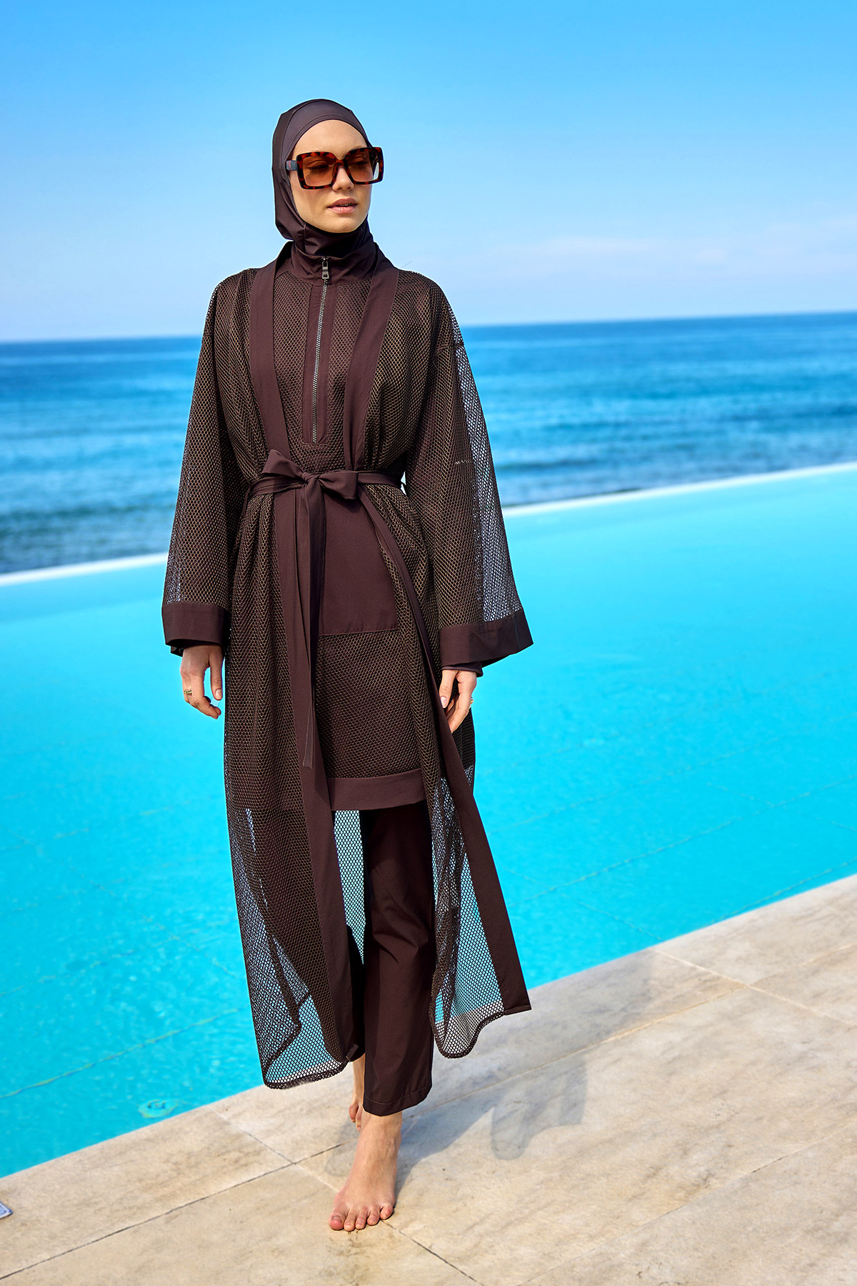 Marina Kahverengi Tül Detaylı Pareo Kaftan P2501-4 görsel 2