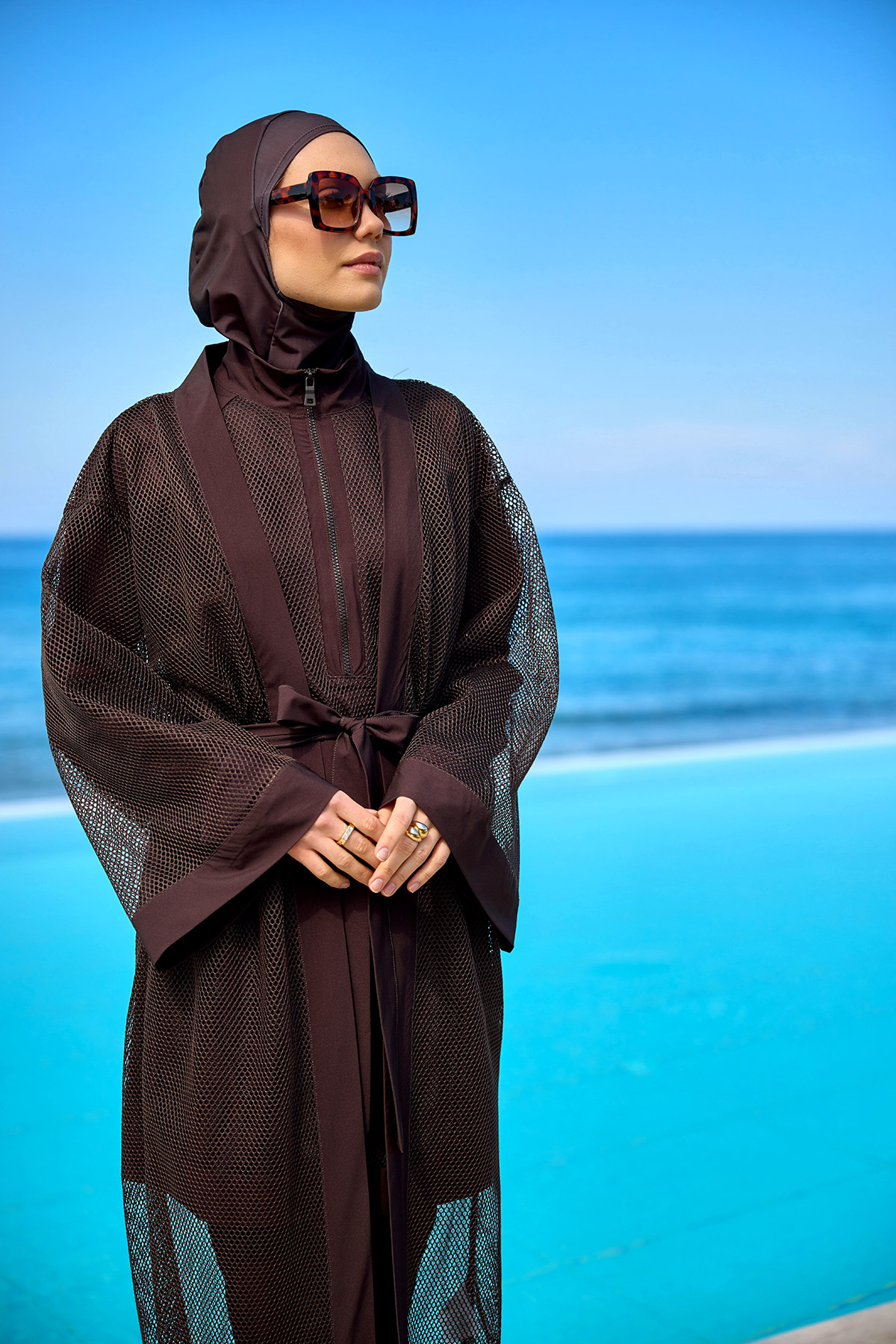 Marina Kahverengi Tül Detaylı Pareo Kaftan P2501-4 görsel 3