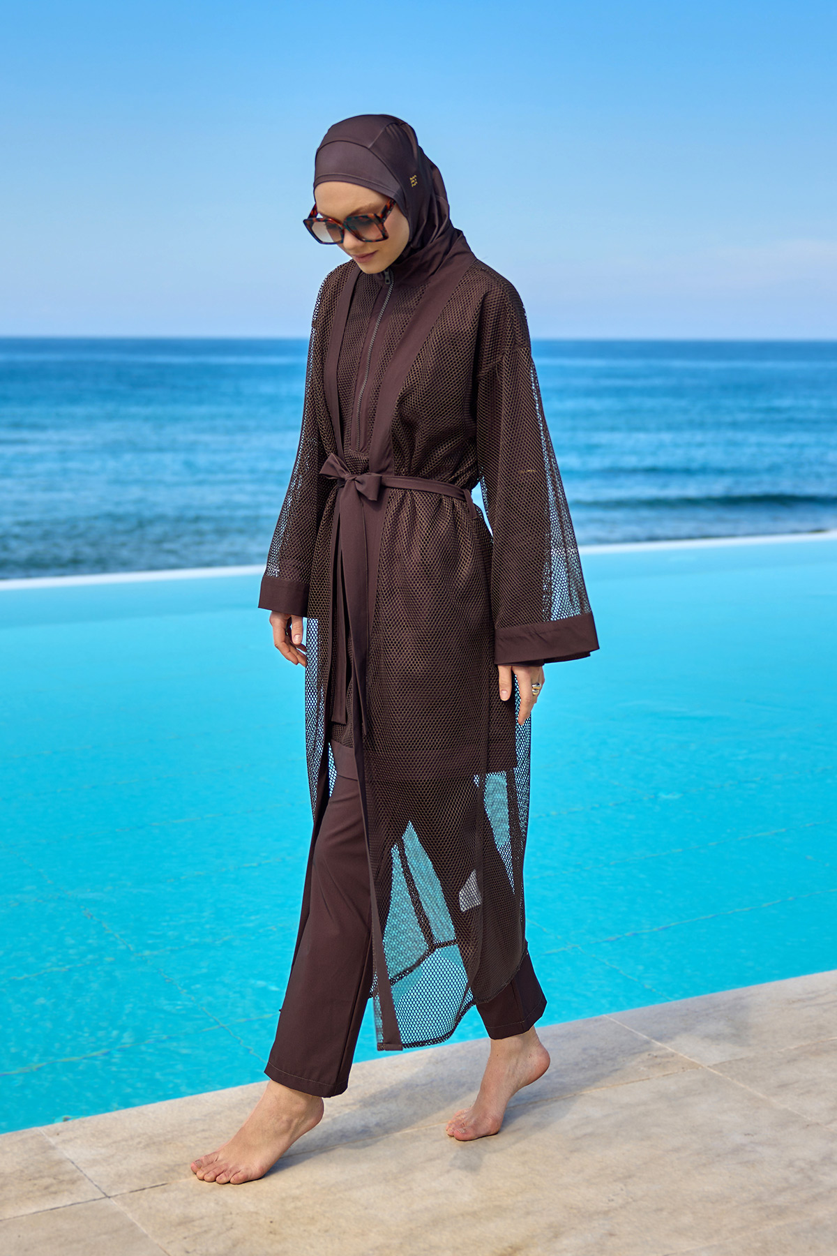Marina Kahverengi Tül Detaylı Pareo Kaftan P2501-4 görsel 5