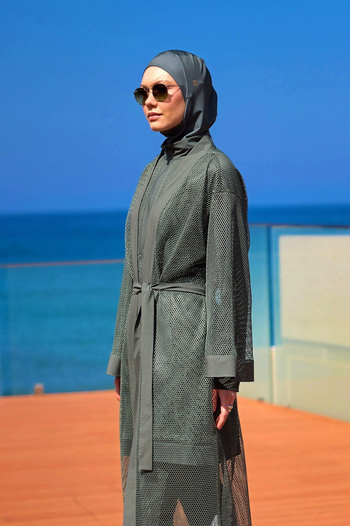 Marina Haki Tül Detaylı Pareo Kaftan P2501-3
