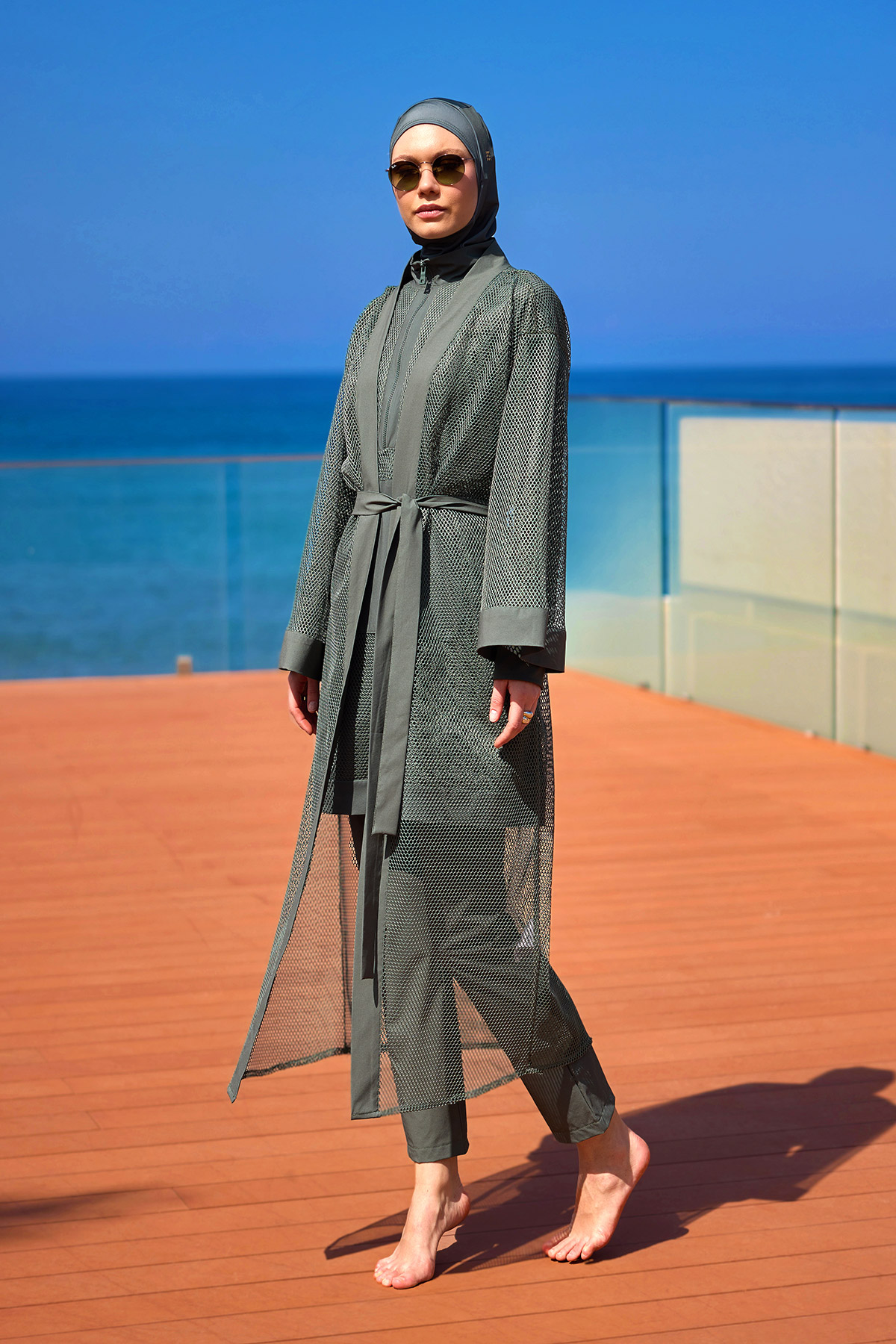 Marina Haki Tül Detaylı Pareo Kaftan P2501-3 görsel 2