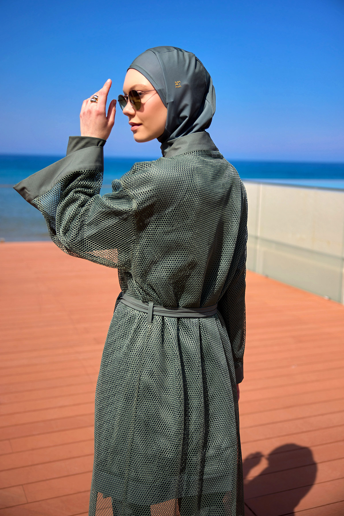 Marina Haki Tül Detaylı Pareo Kaftan P2501-3 görsel 3