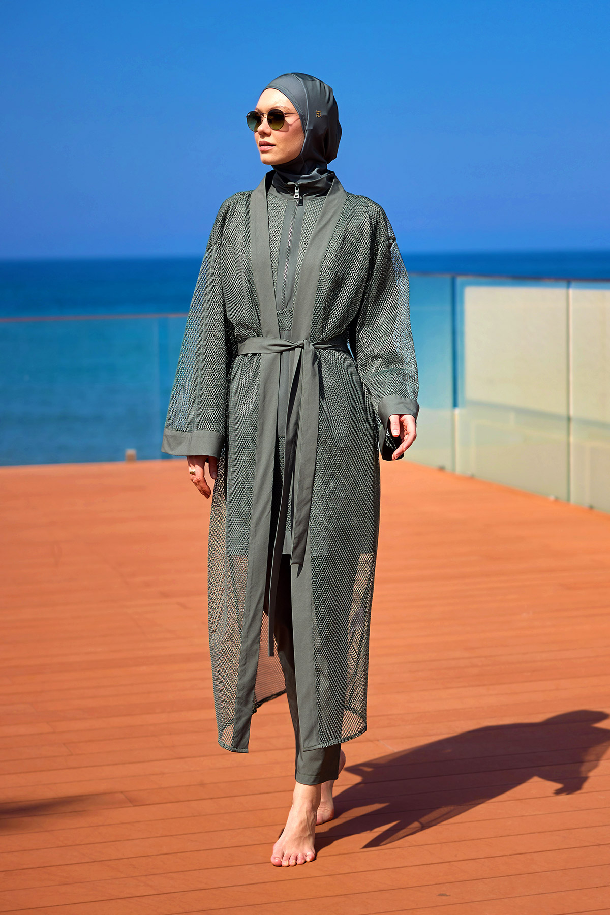 Marina Haki Tül Detaylı Pareo Kaftan P2501-3 görsel 4