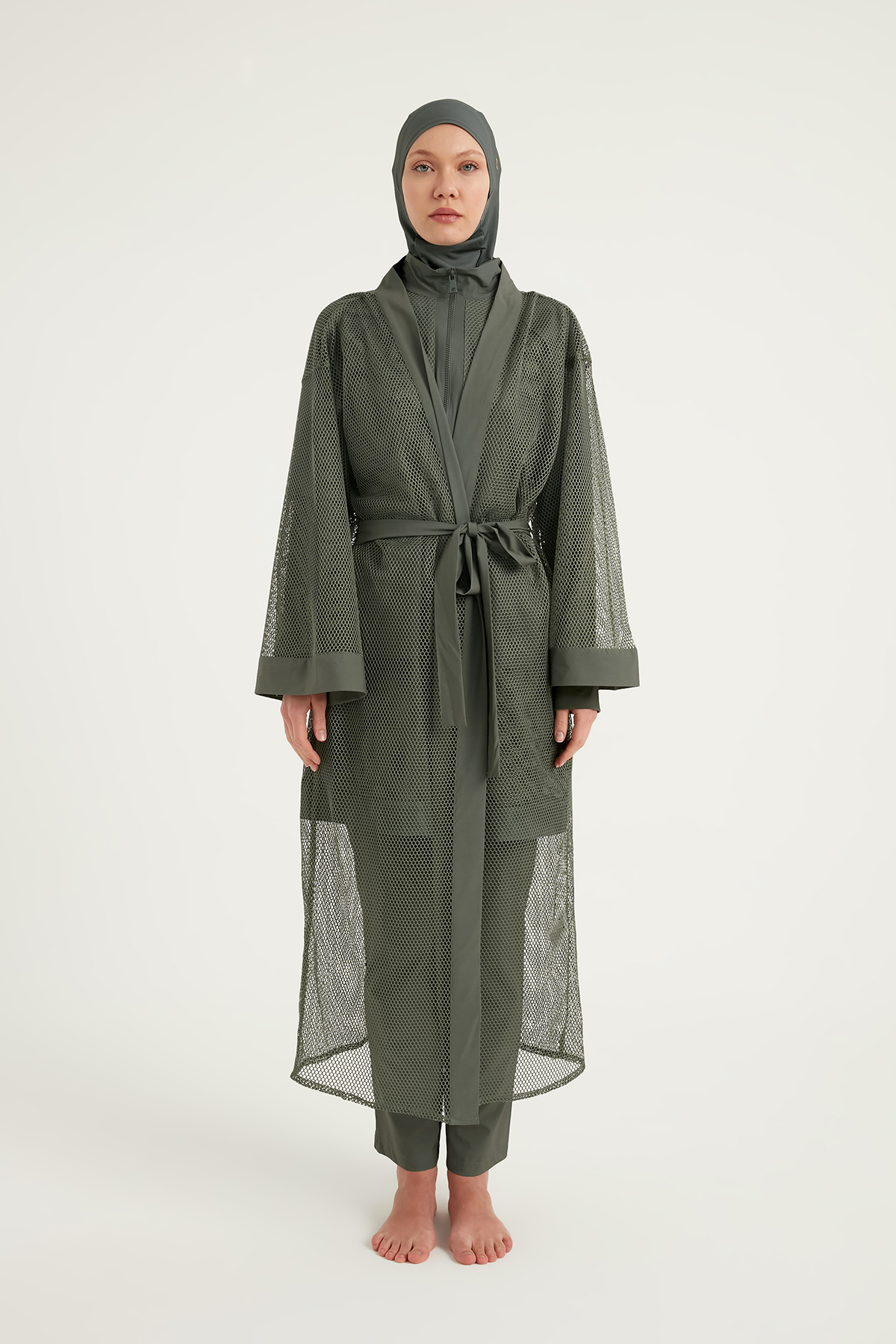 Marina Haki Tül Detaylı Pareo Kaftan P2501-3 görsel 5