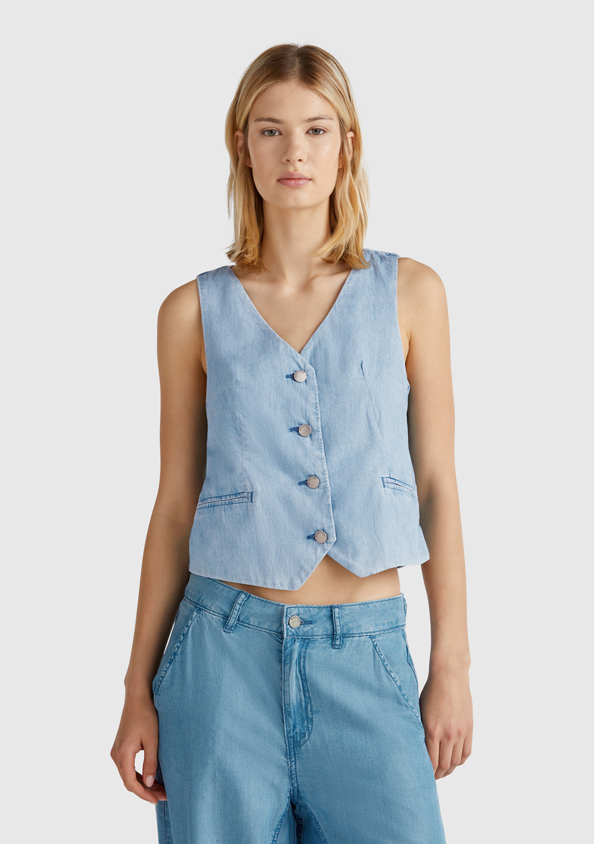 United Colors Of Benetton Kadın Açık Mavi %100 Pamuk Şamre Denim Yelek