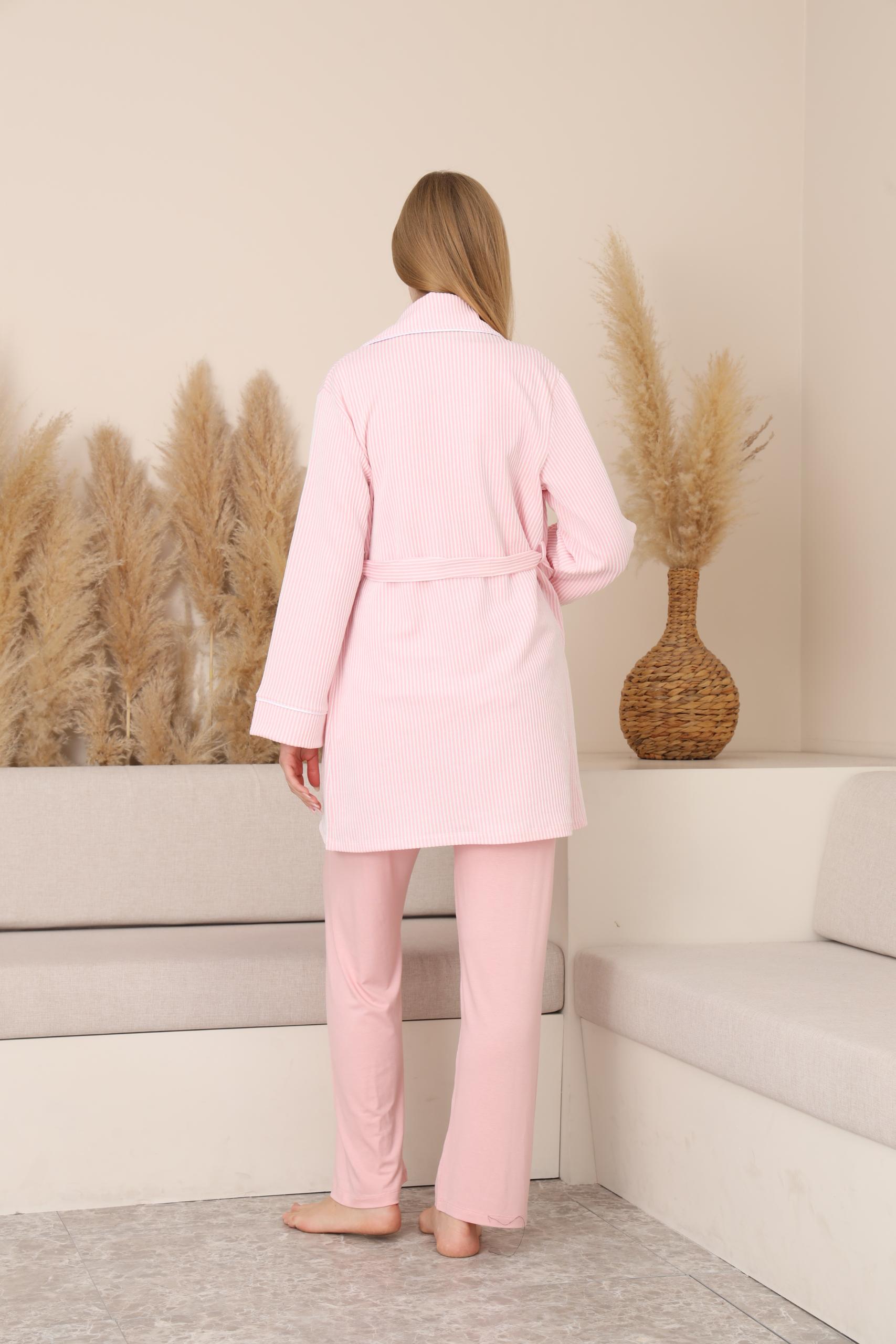 MİSS DÜNYA LİSSA Pembe Çizgili Sabahlıklı Emzirmeye Uygun Hamile ve Lohusa Pijama Takımı görsel 4