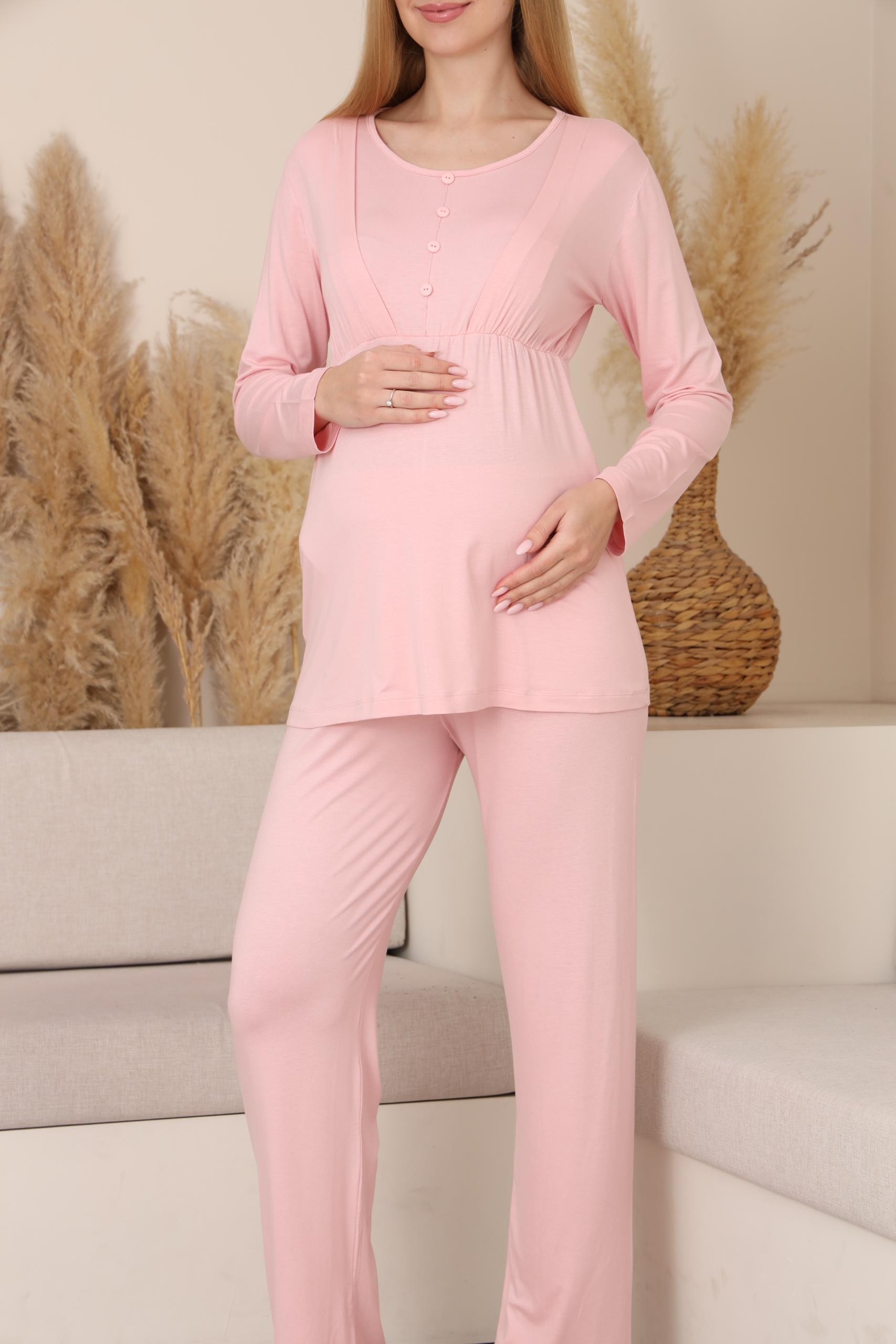 MİSS DÜNYA LİSSA Pembe Çizgili Sabahlıklı Emzirmeye Uygun Hamile ve Lohusa Pijama Takımı görsel 6