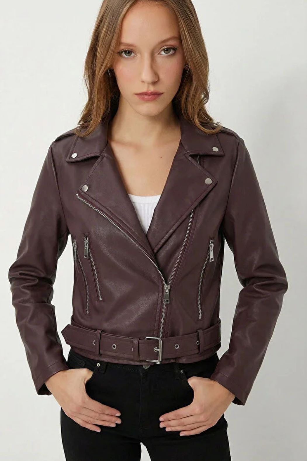 ginger love Kemerli Suni Deri Biker Ceket Mürdüm