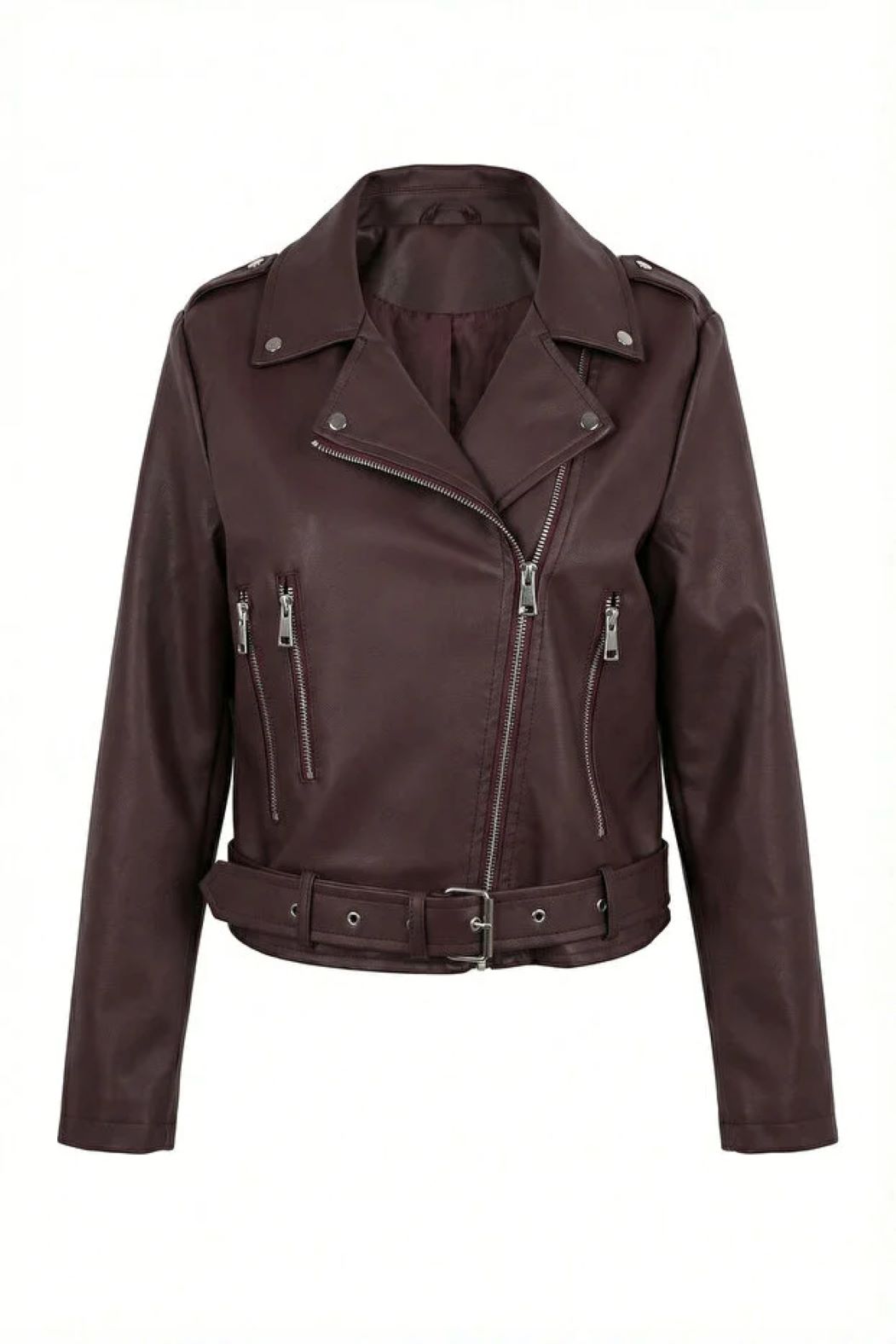 ginger love Kemerli Suni Deri Biker Ceket Mürdüm görsel 3