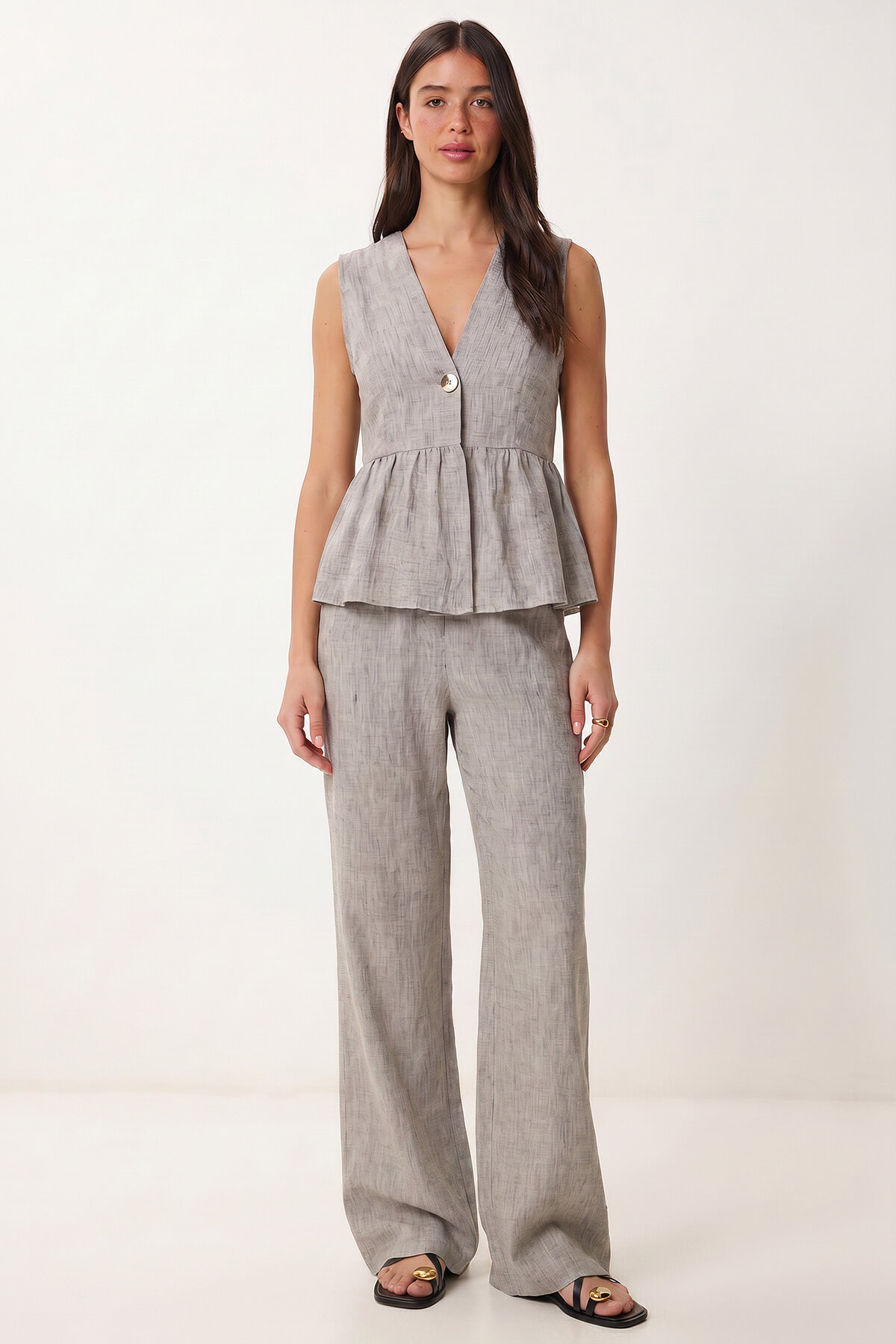 Happiness İstanbul Keten Bluz Pantolon Takım GRİ LAZ0009