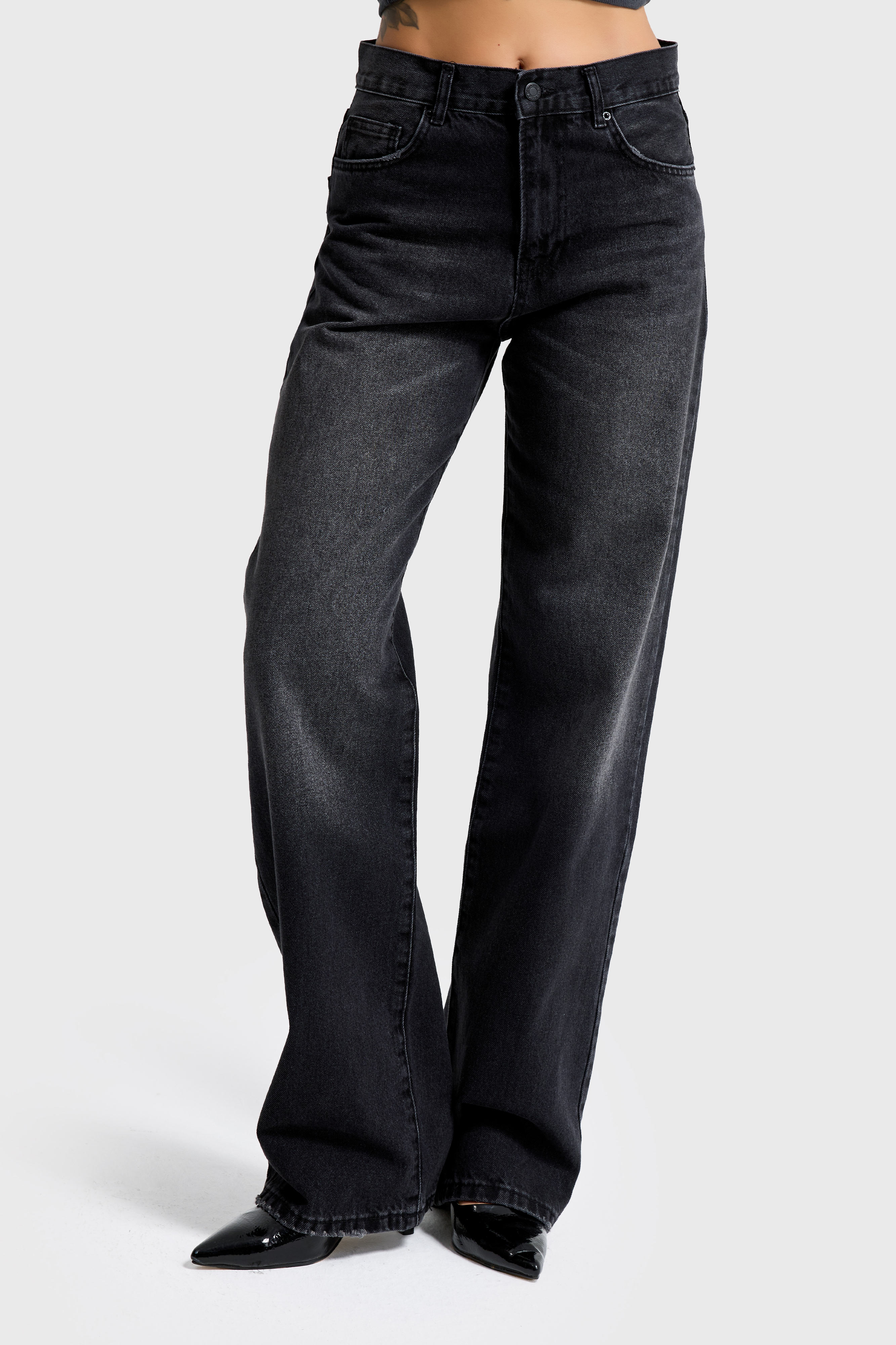 It's Basic Kadın Koyu Füme Renk 2s6-1 Loose Fit Orta Bel %100 Pamuk Denim Jean