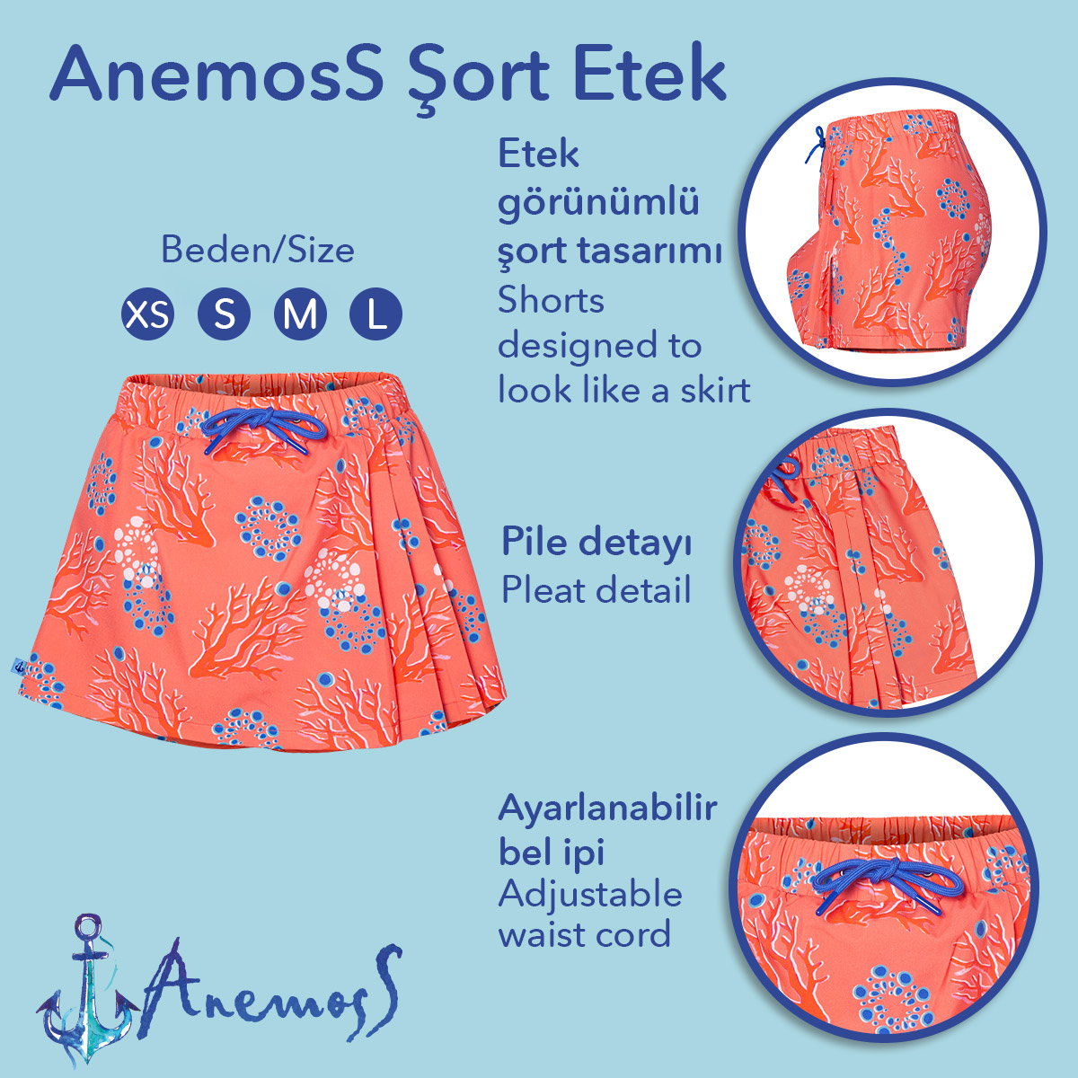 Anemoss Mercan Kadın Şort Etek, Lastikli Bel, Bağcıklı, Pembe Desenli Yazlık Skort görsel 5