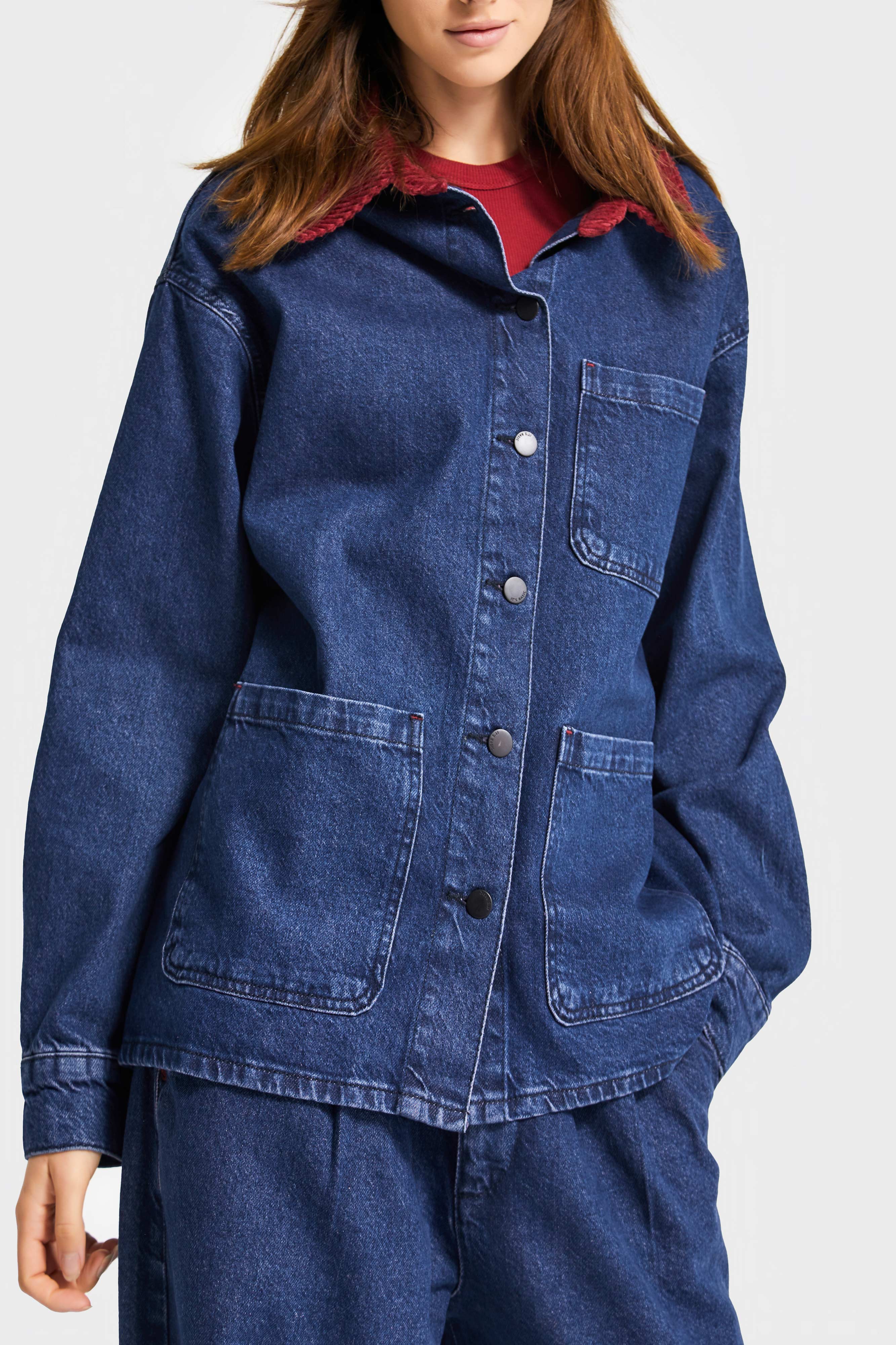 It's Basic Kadın Koyu Mavi Renk 1w5-149 Oversize Yaka Detaylı Bol Kesim Özel Tasarım Denim Ceket