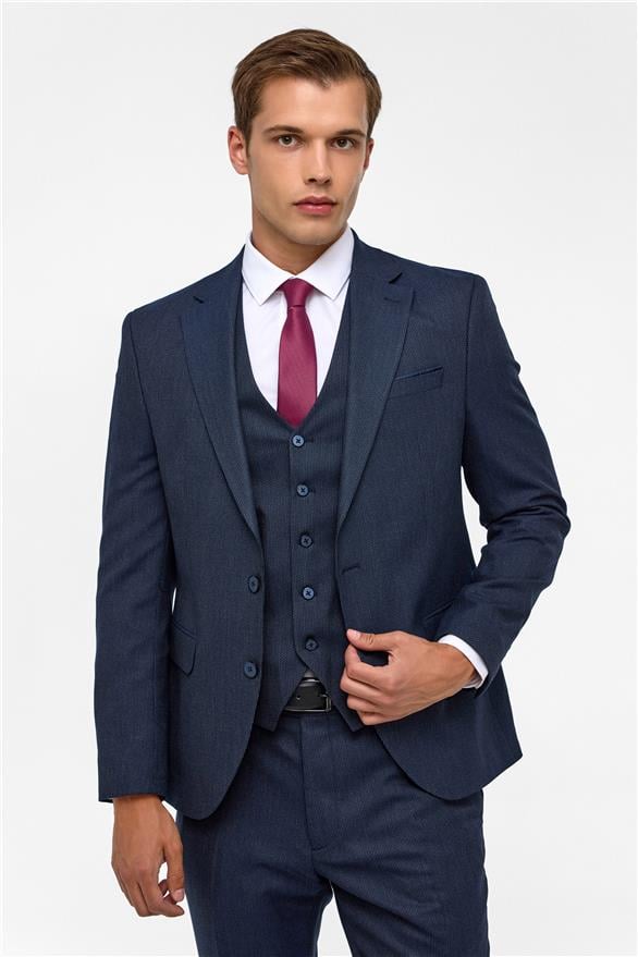Süvari Lacivert Slim Desenli Mono Yaka 6 Drop Yelekli Takım Elbise