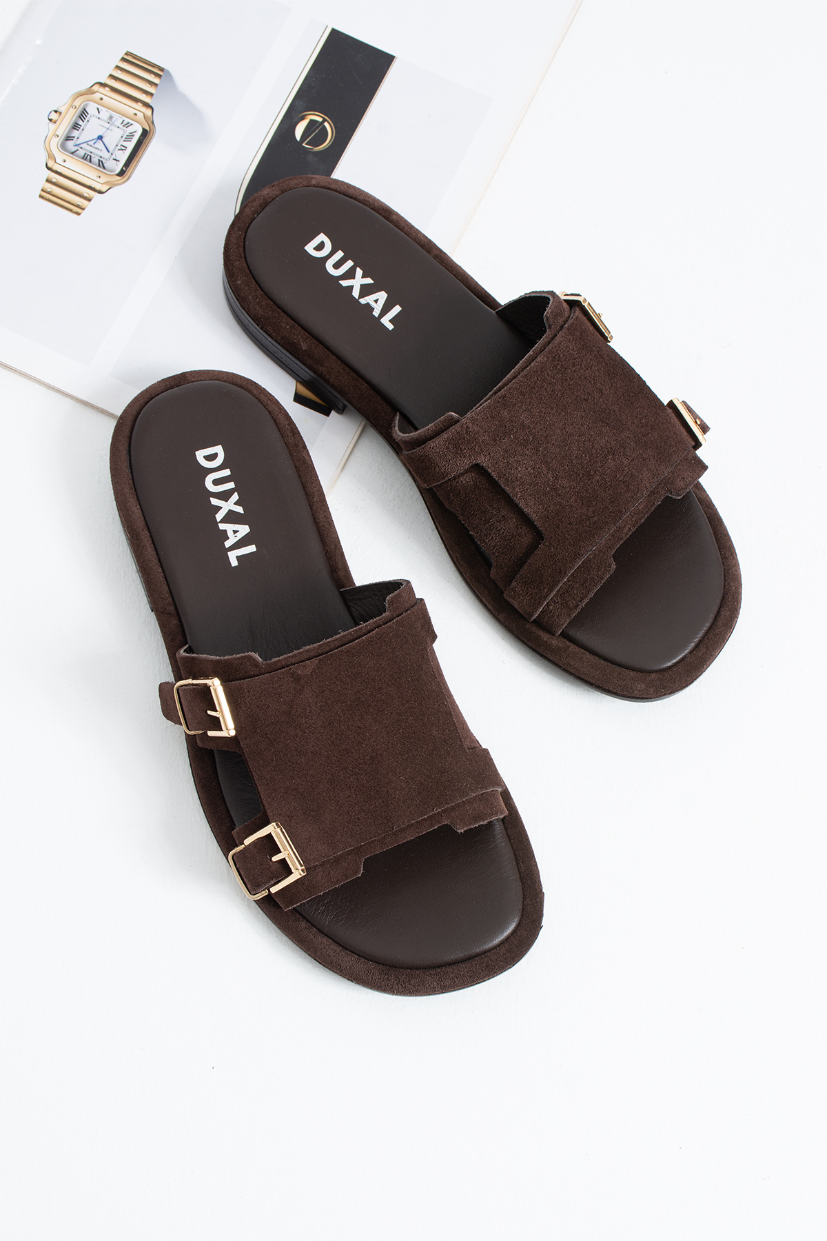 DUXAL SHOES Leomaris Hakiki Deri Yumuşak Tabanlı Çift Tokalı Günlük Terlik - Sandalet