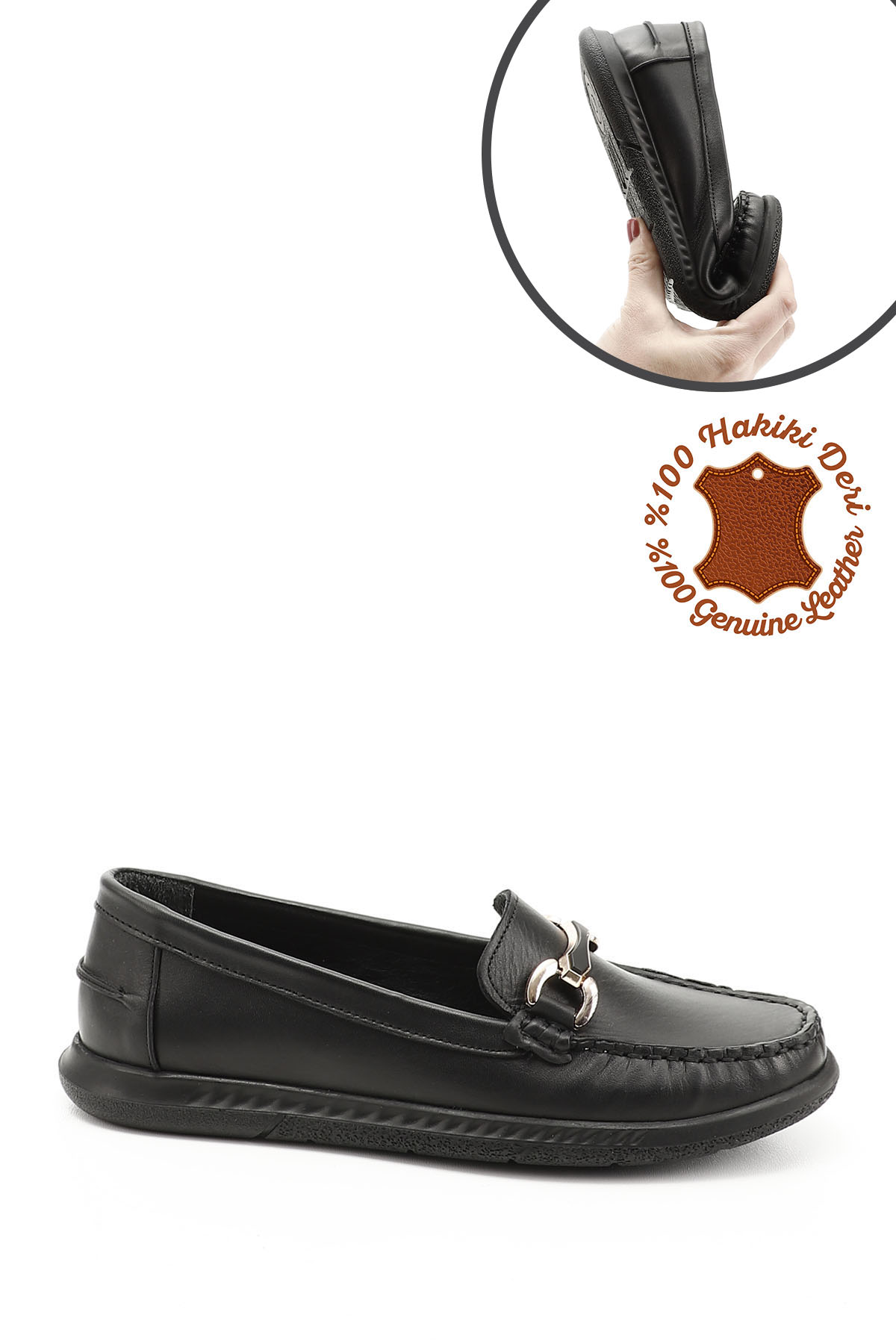GÖNDERİ(R) Kadın ZÜMRÜT-SİYAH Tokalı Rok Hakiki Deri Comfort Loafer