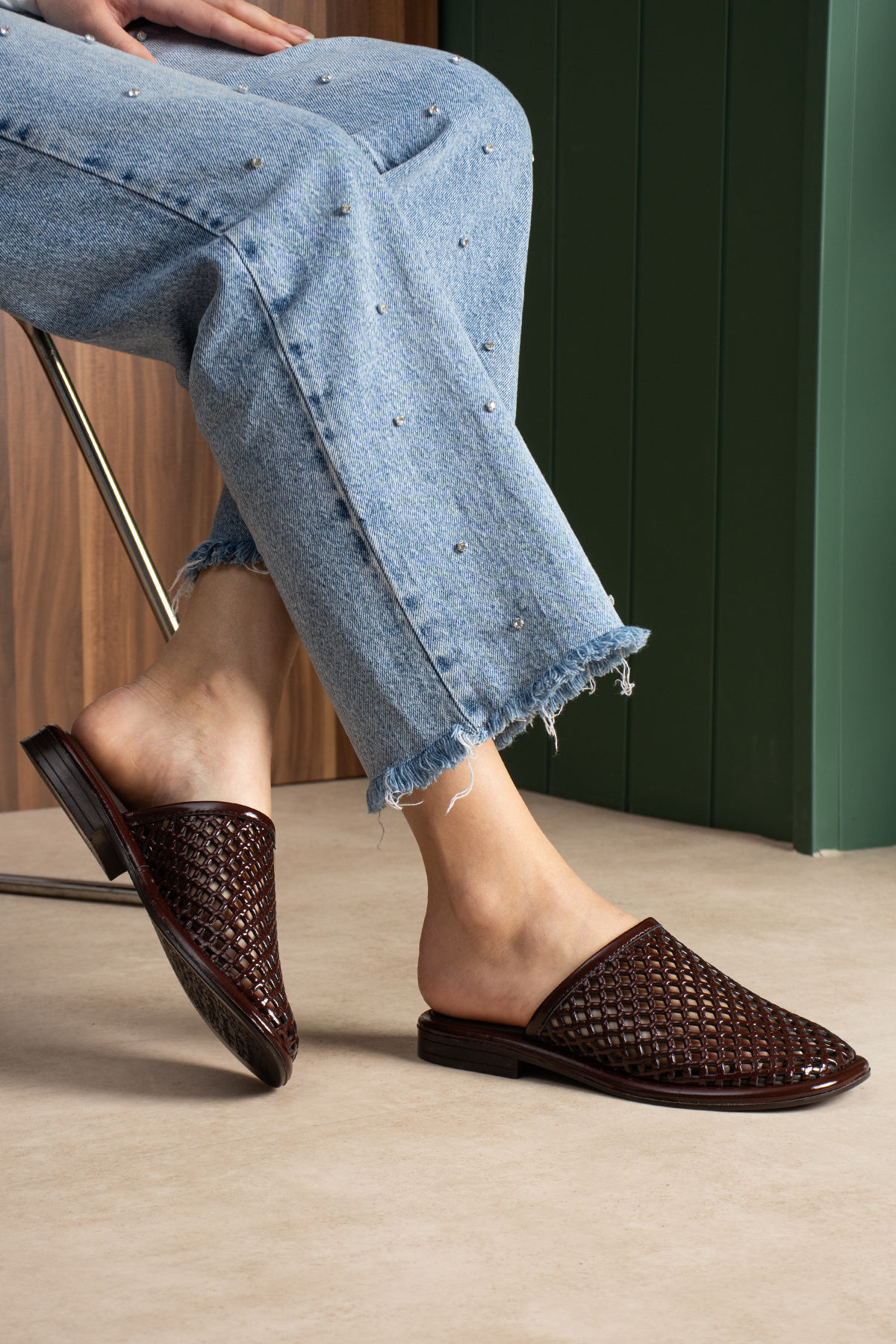 DUXAL SHOES Donatella Hakiki Deri Lazer Kesim Nefes Alan Yumuşak Taban Kadın Terlik - Sandalet görsel 3