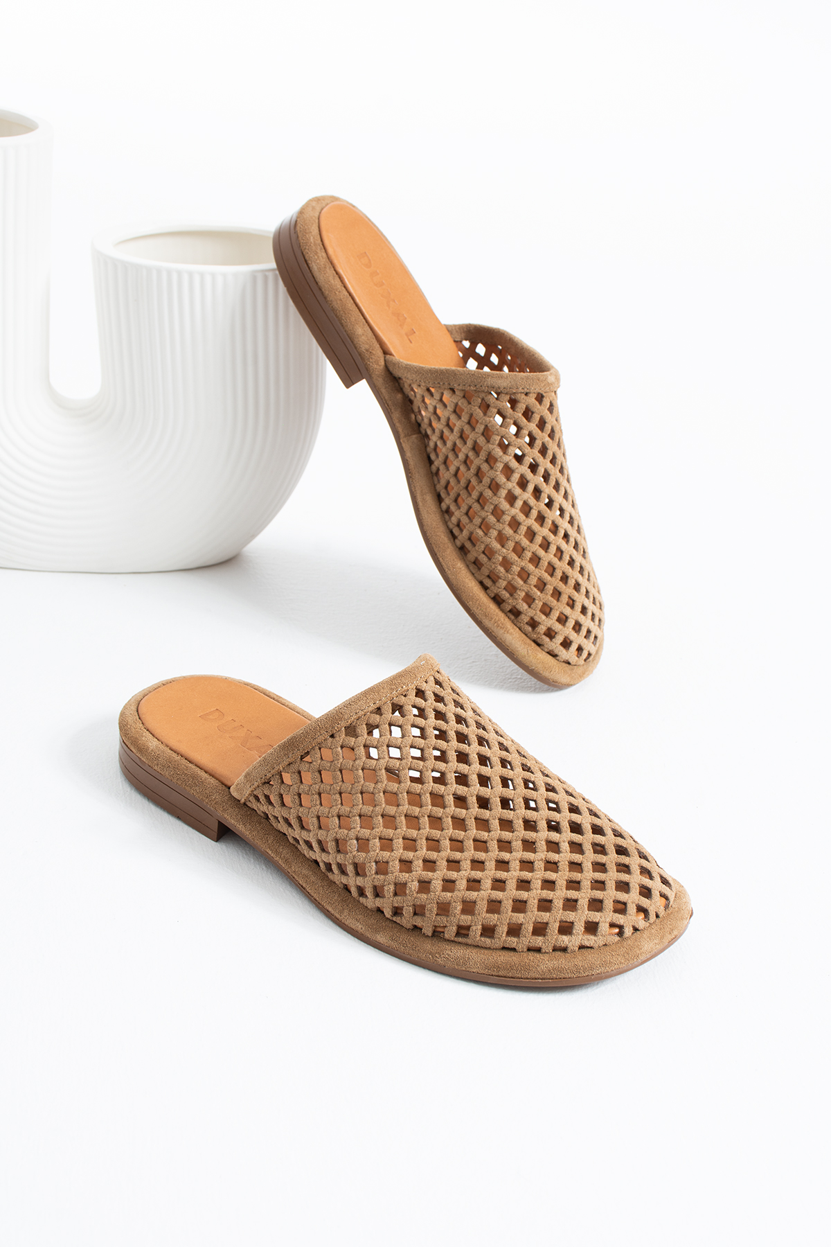 DUXAL SHOES Donatella Hakiki Deri Lazer Kesim Nefes Alan Yumuşak Taban Kadın Terlik - Sandalet görsel 6