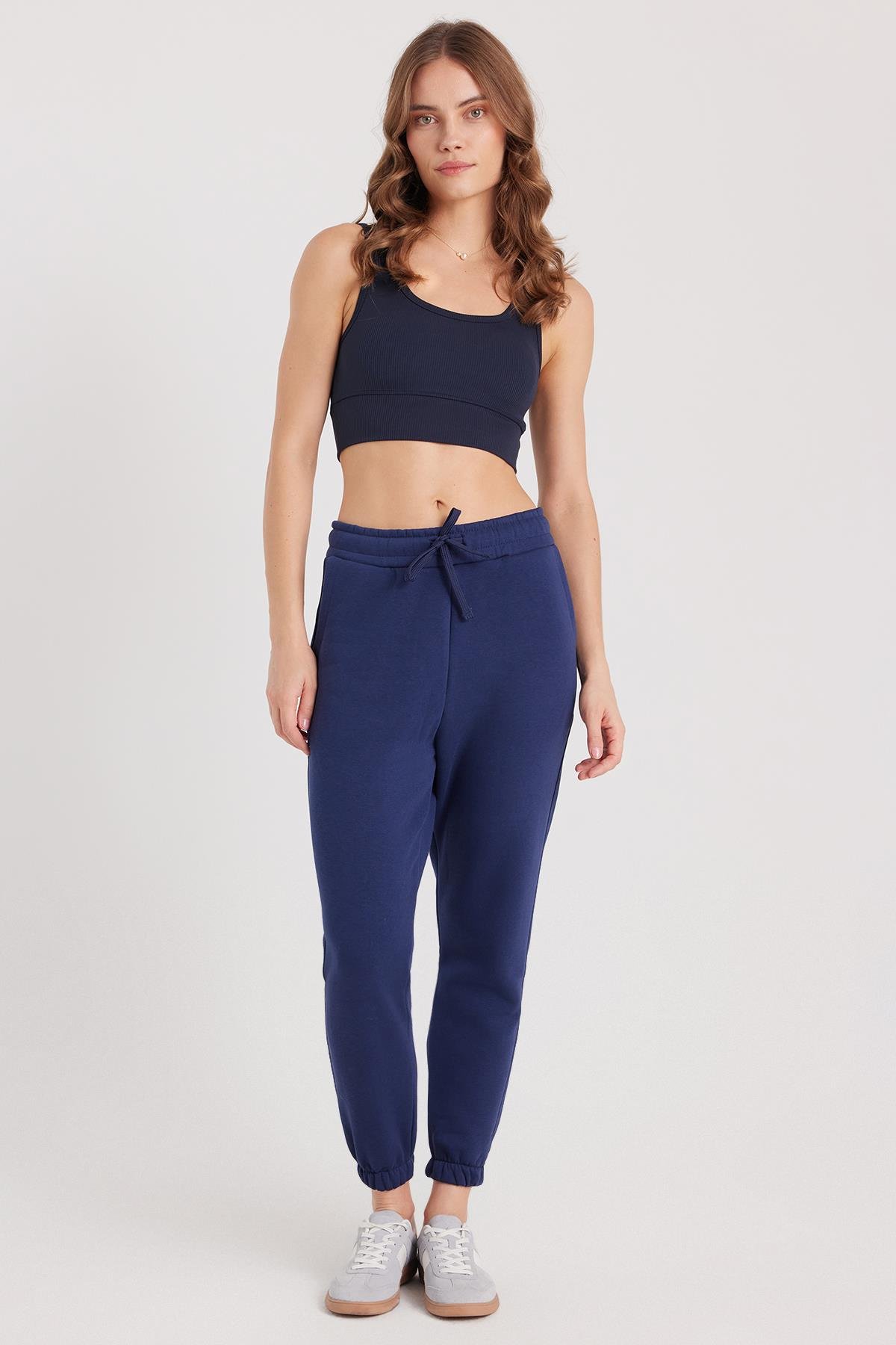 TUDORS Kadın Slim Fit Dar Kesim Bisiklet Yaka Kalın Askılı Esnek Lacivert Spor Atlet görsel 4