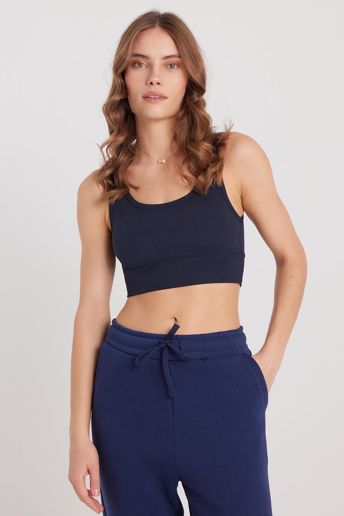 TUDORS Kadın Slim Fit Dar Kesim Bisiklet Yaka Kalın Askılı Esnek Lacivert Spor Atlet görsel 5