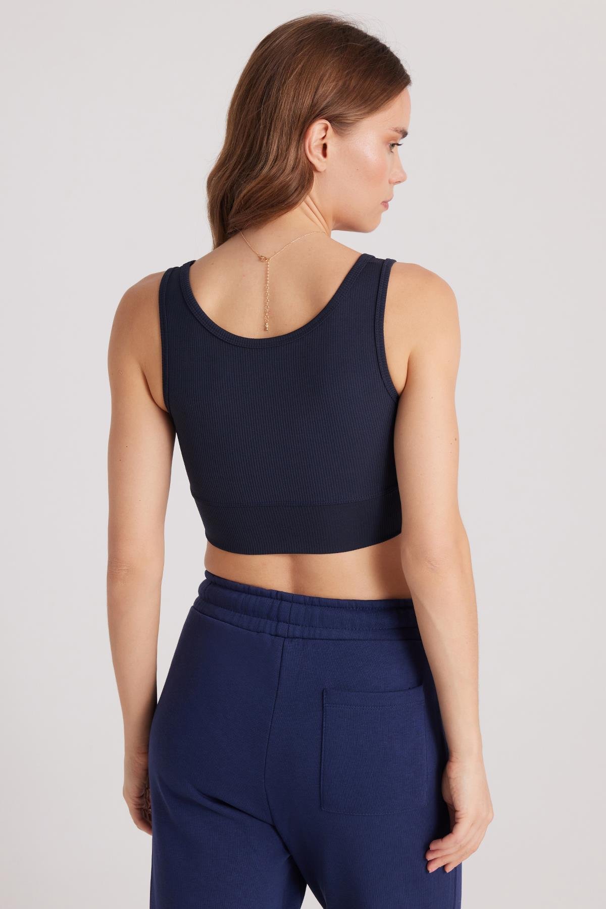 TUDORS Kadın Slim Fit Dar Kesim Bisiklet Yaka Kalın Askılı Esnek Lacivert Spor Atlet görsel 7