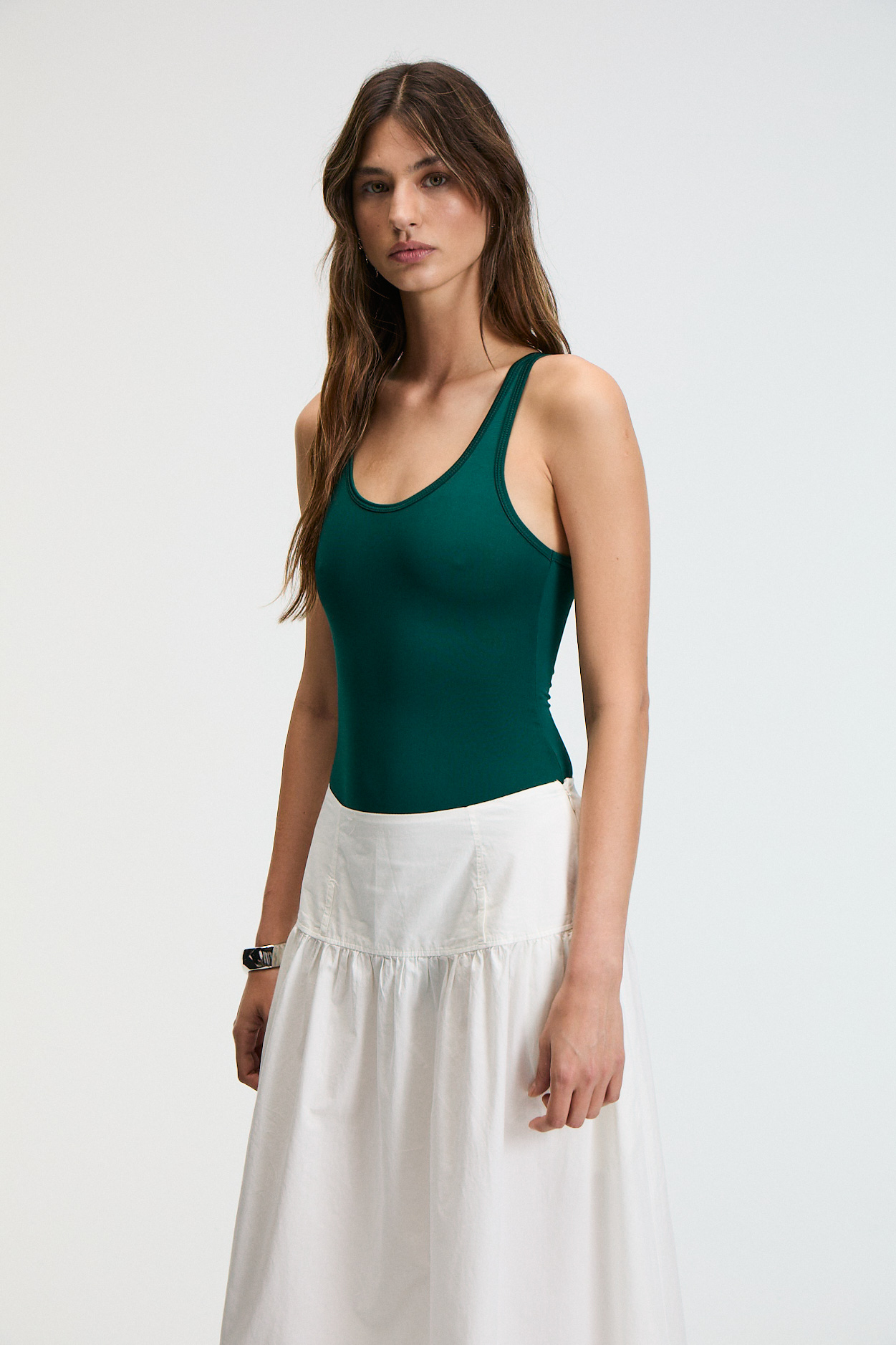 GRIMELANGE SUEVAS Kadın Sıfır Kol Çıt Çıtlı Oyuk Yaka Slim Fit YEŞİL Atlet görsel 3