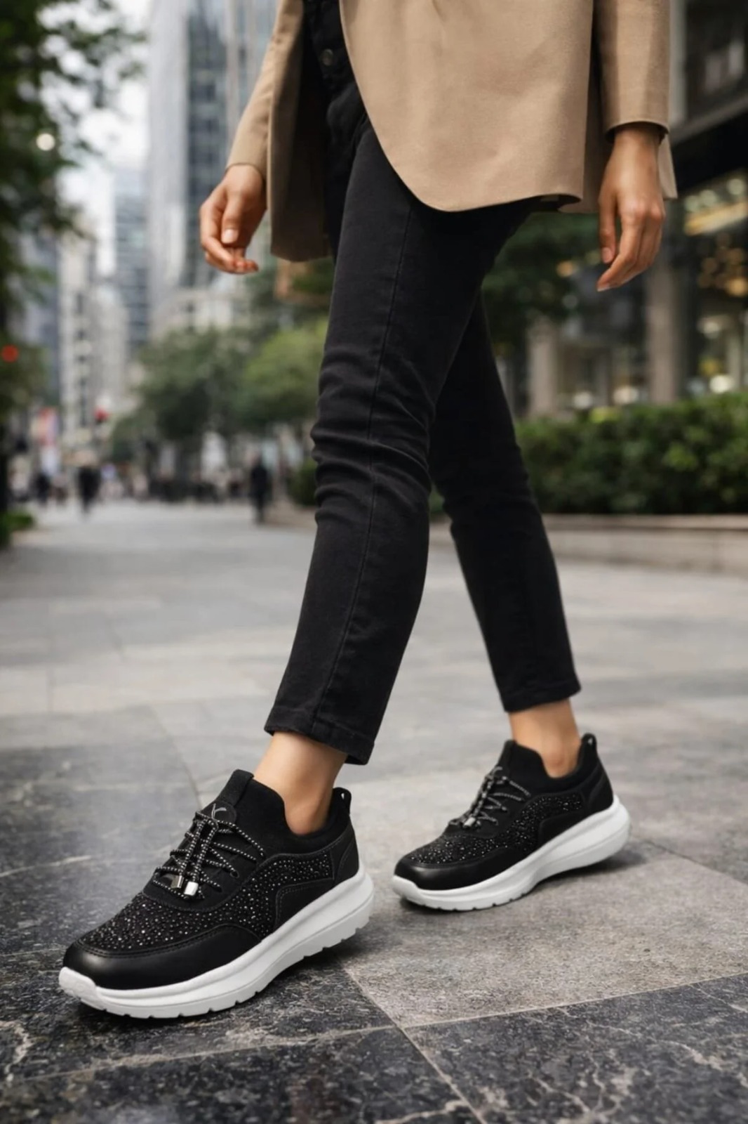 Slipcat Kadın Taş İşlemeli Akıllı Bağcıklı Sneaker Kalın Taban Spor Ayakkabı görsel 3
