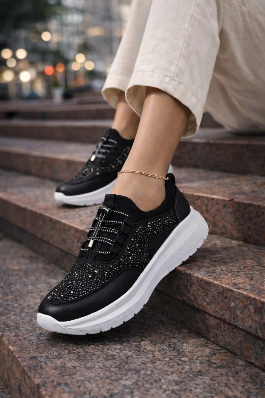 Slipcat Kadın Taş İşlemeli Akıllı Bağcıklı Sneaker Kalın Taban Spor Ayakkabı görsel 4