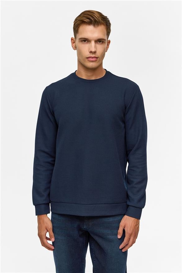 Süvari Lacivert Regular Düz Bisiklet Yaka Sweatshirt